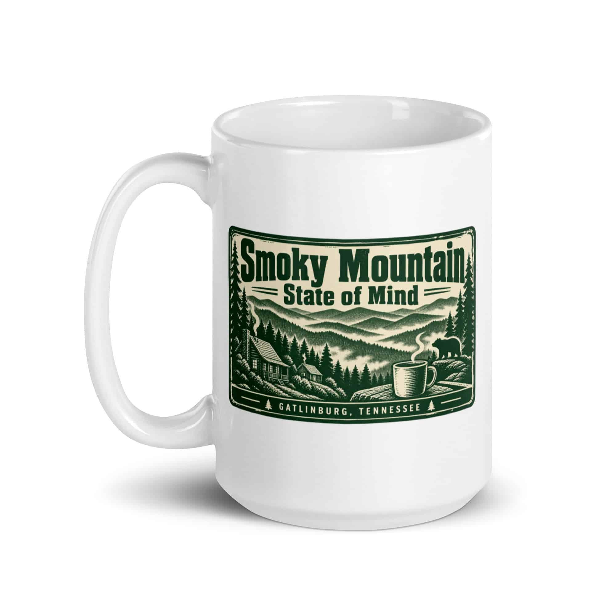 Gatlinburg and the Smokies White Ceramic Coffee Mug: Smoky Mountain State of Mind, Forest Ink Stamp