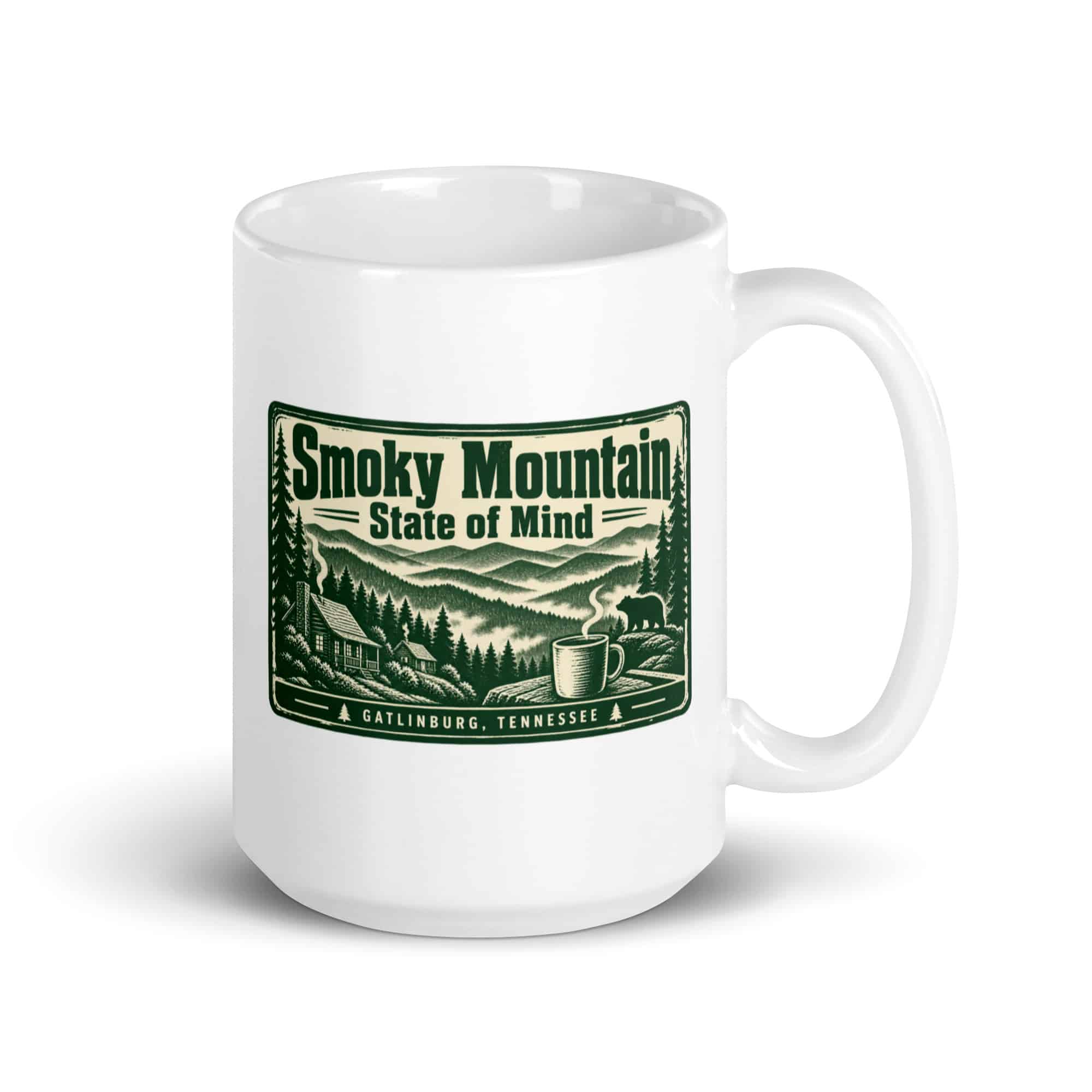 Gatlinburg and the Smokies White Ceramic Coffee Mug: Smoky Mountain State of Mind, Forest Ink Stamp