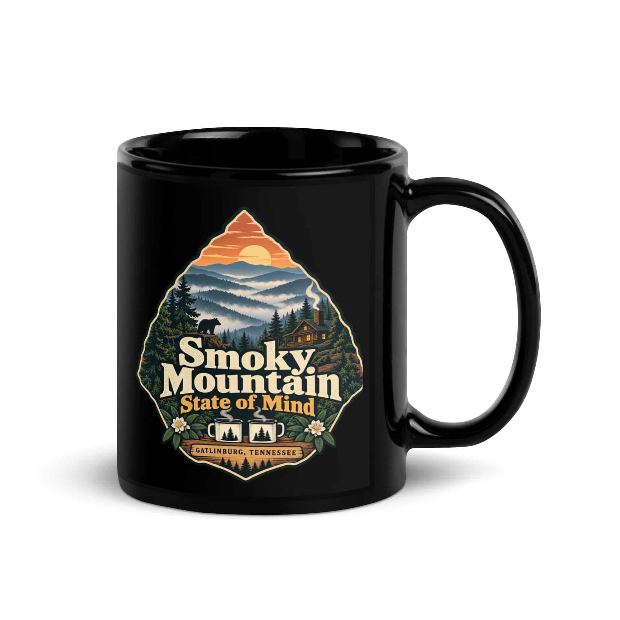 Gatlinburg and the Smokies Black Coffee Mug: Smoky Mountain State of Mind, Scenic Shield Badge