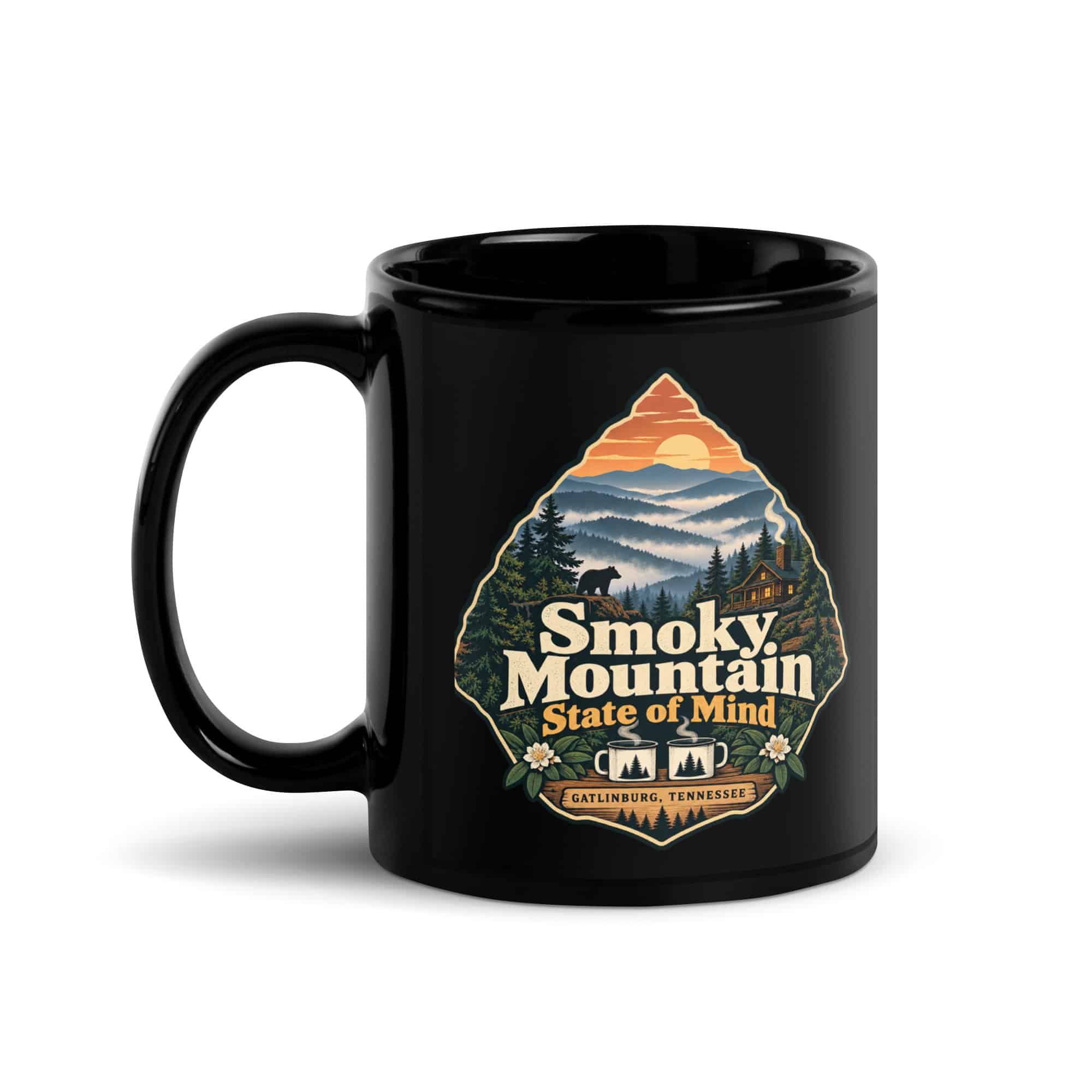 Gatlinburg and the Smokies Black Coffee Mug: Smoky Mountain State of Mind, Scenic Shield Badge