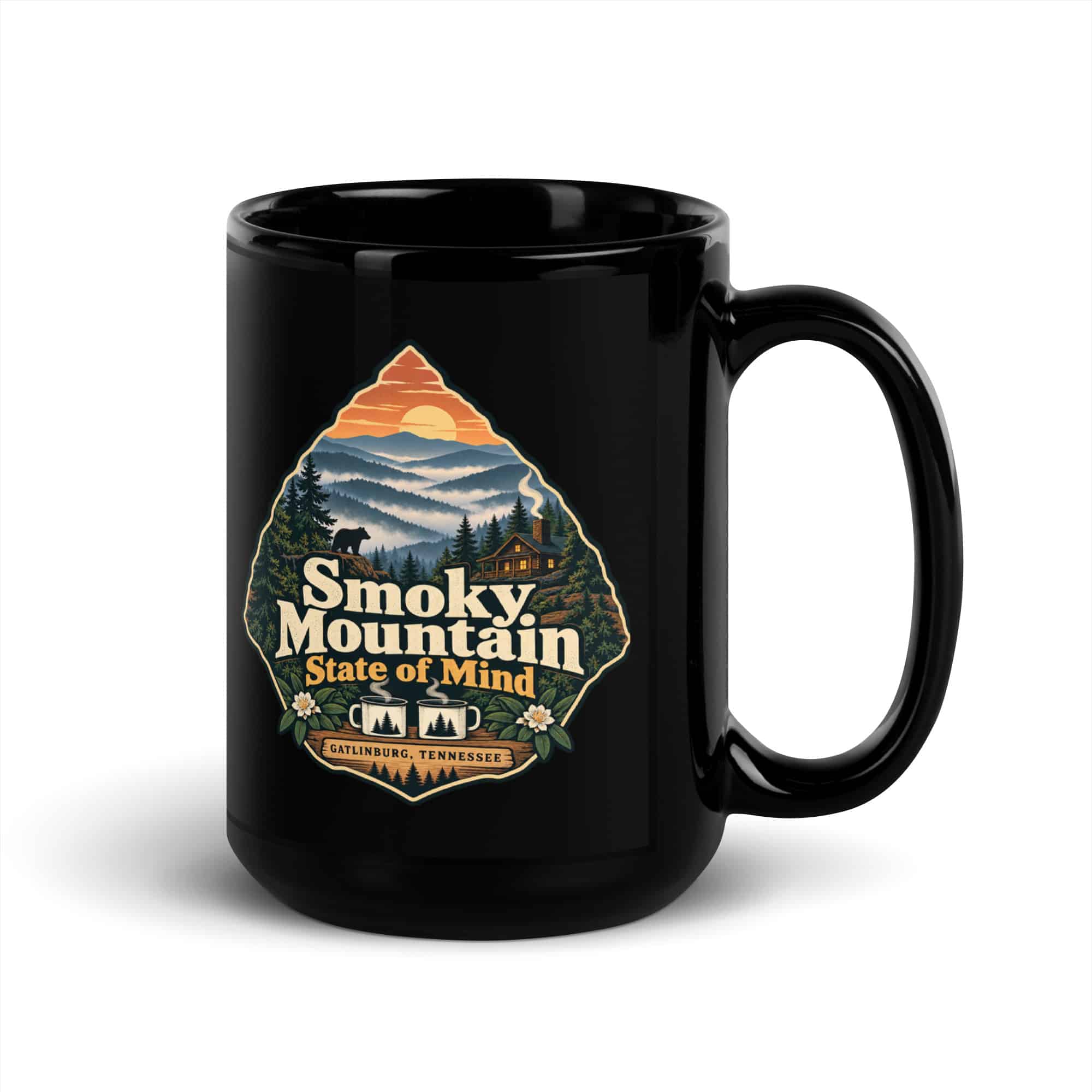Gatlinburg and the Smokies Black Coffee Mug: Smoky Mountain State of Mind, Scenic Shield Badge
