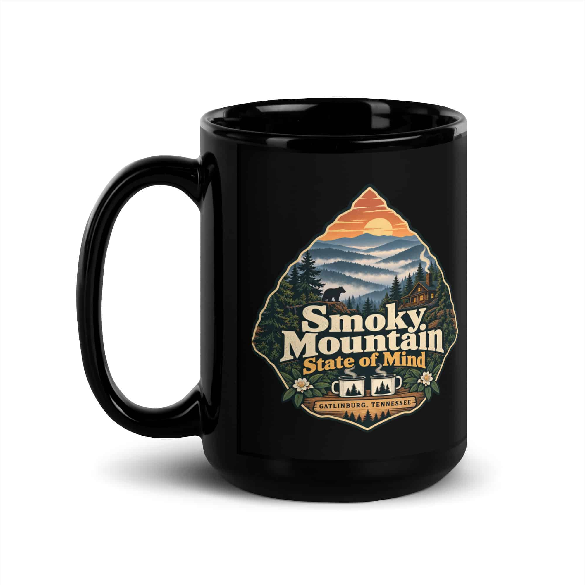 Gatlinburg and the Smokies Black Coffee Mug: Smoky Mountain State of Mind, Scenic Shield Badge