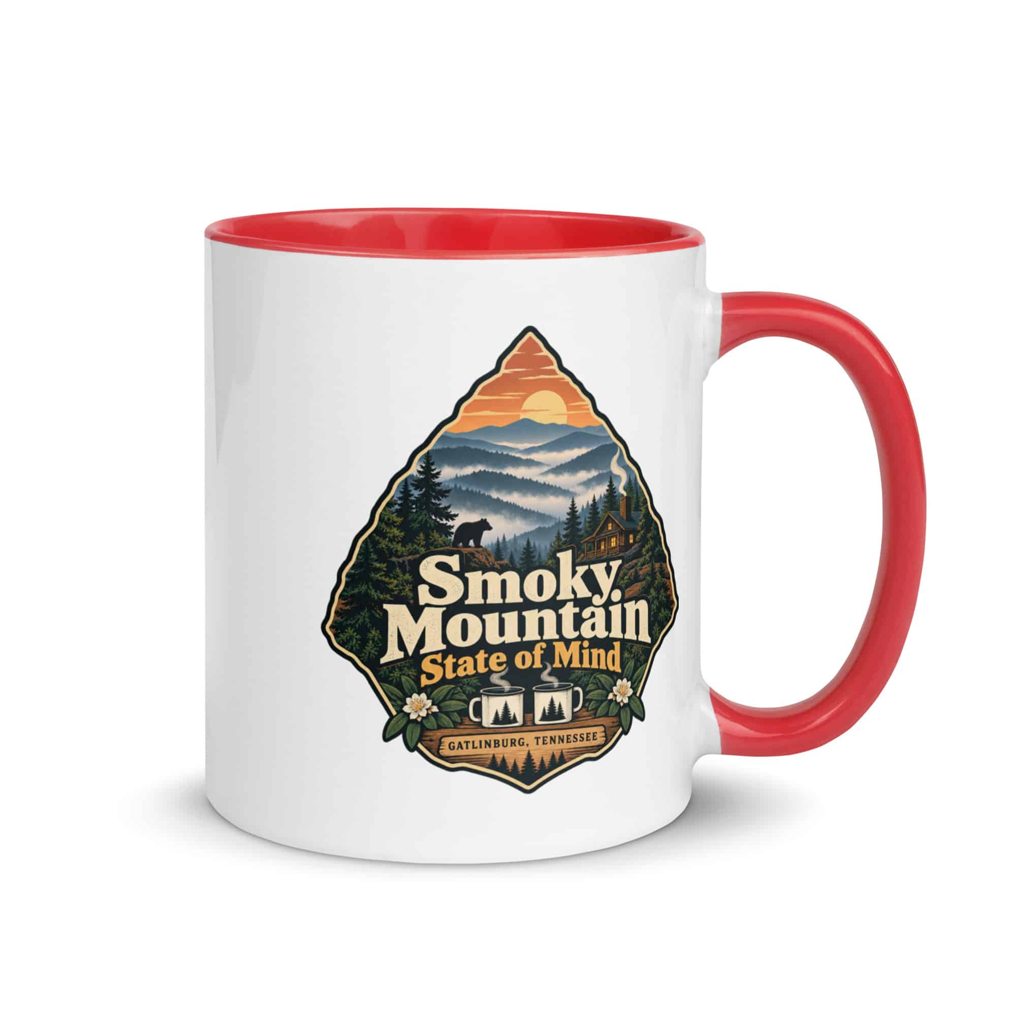 Gatlinburg and the Smokies Color Inside Coffee Mug: Smoky Mountain State of Mind, Scenic Shield Badge