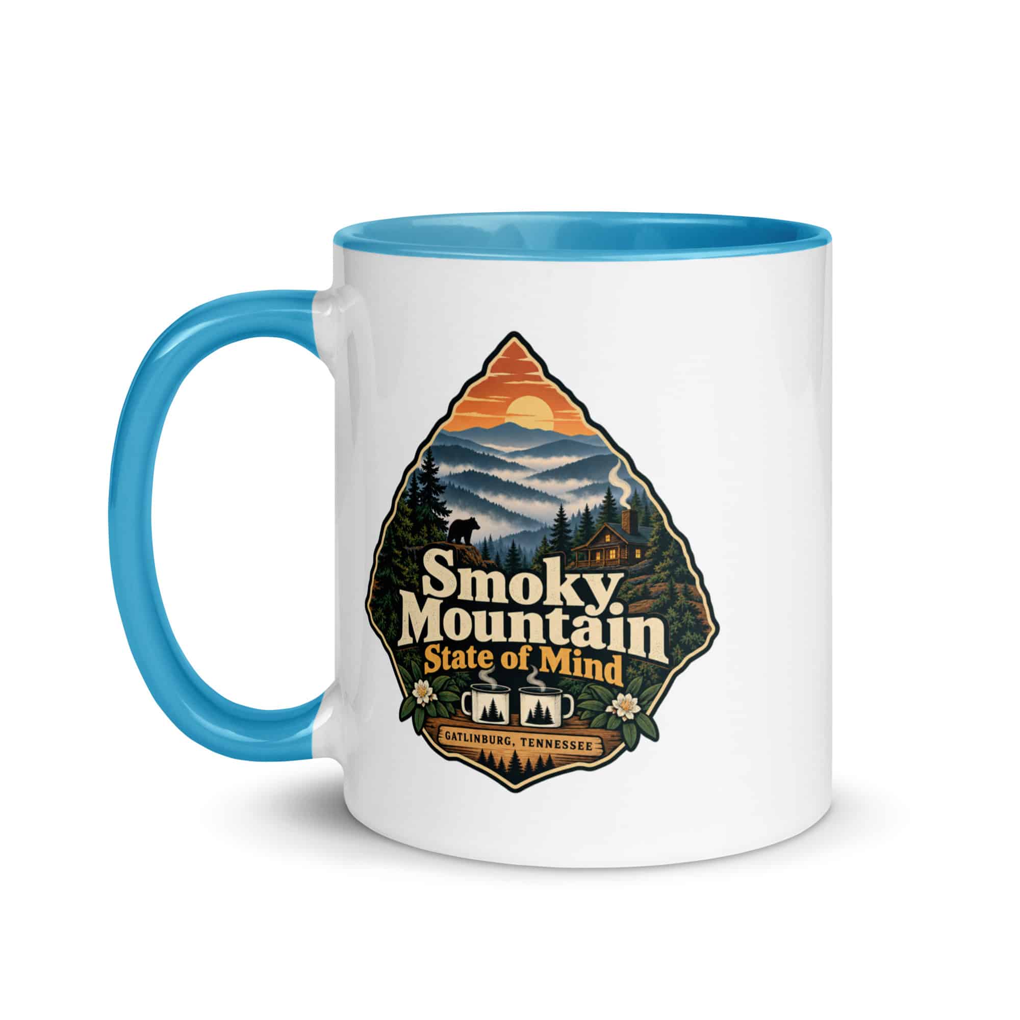 Gatlinburg and the Smokies Color Inside Coffee Mug: Smoky Mountain State of Mind, Scenic Shield Badge