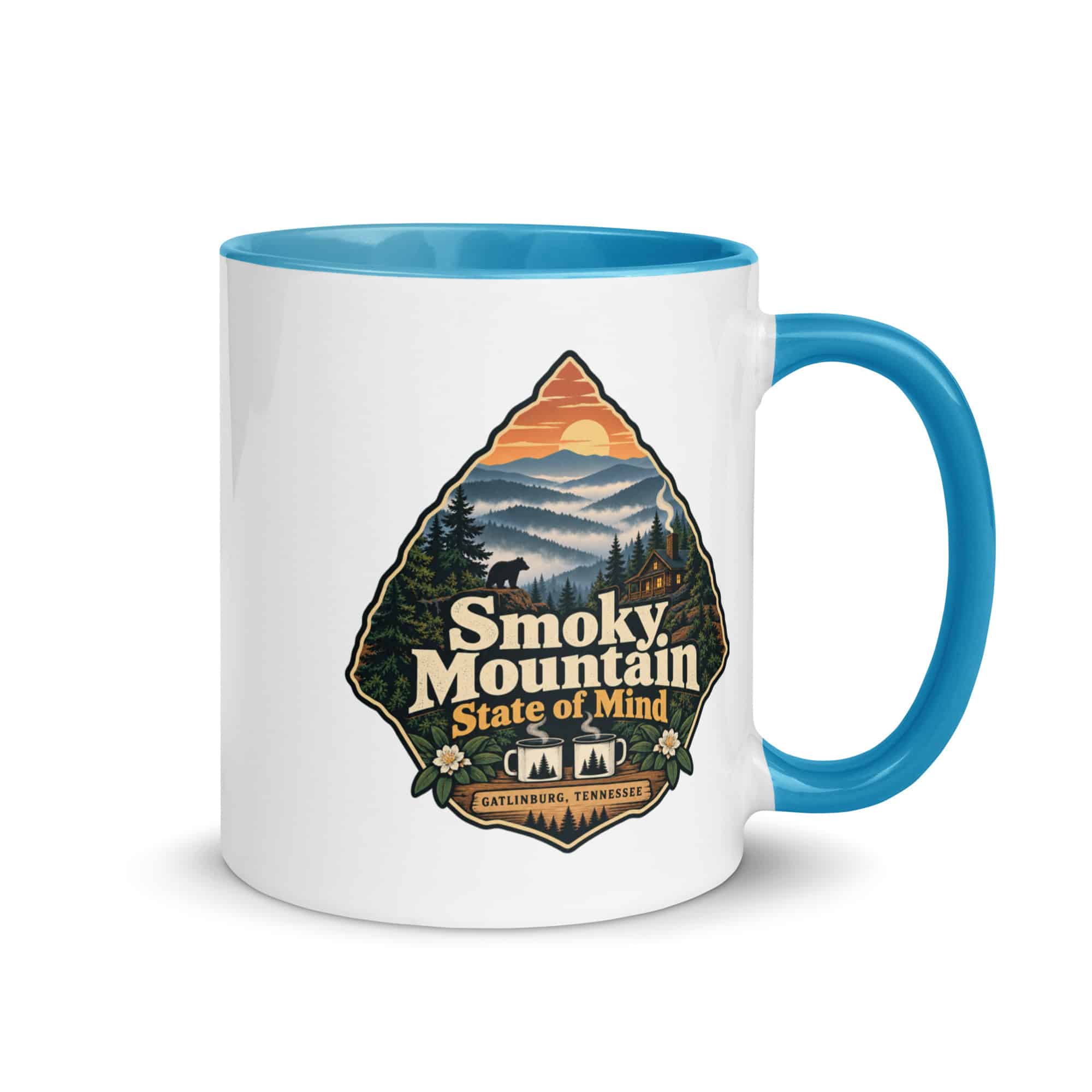 Gatlinburg and the Smokies Color Inside Coffee Mug: Smoky Mountain State of Mind, Scenic Shield Badge