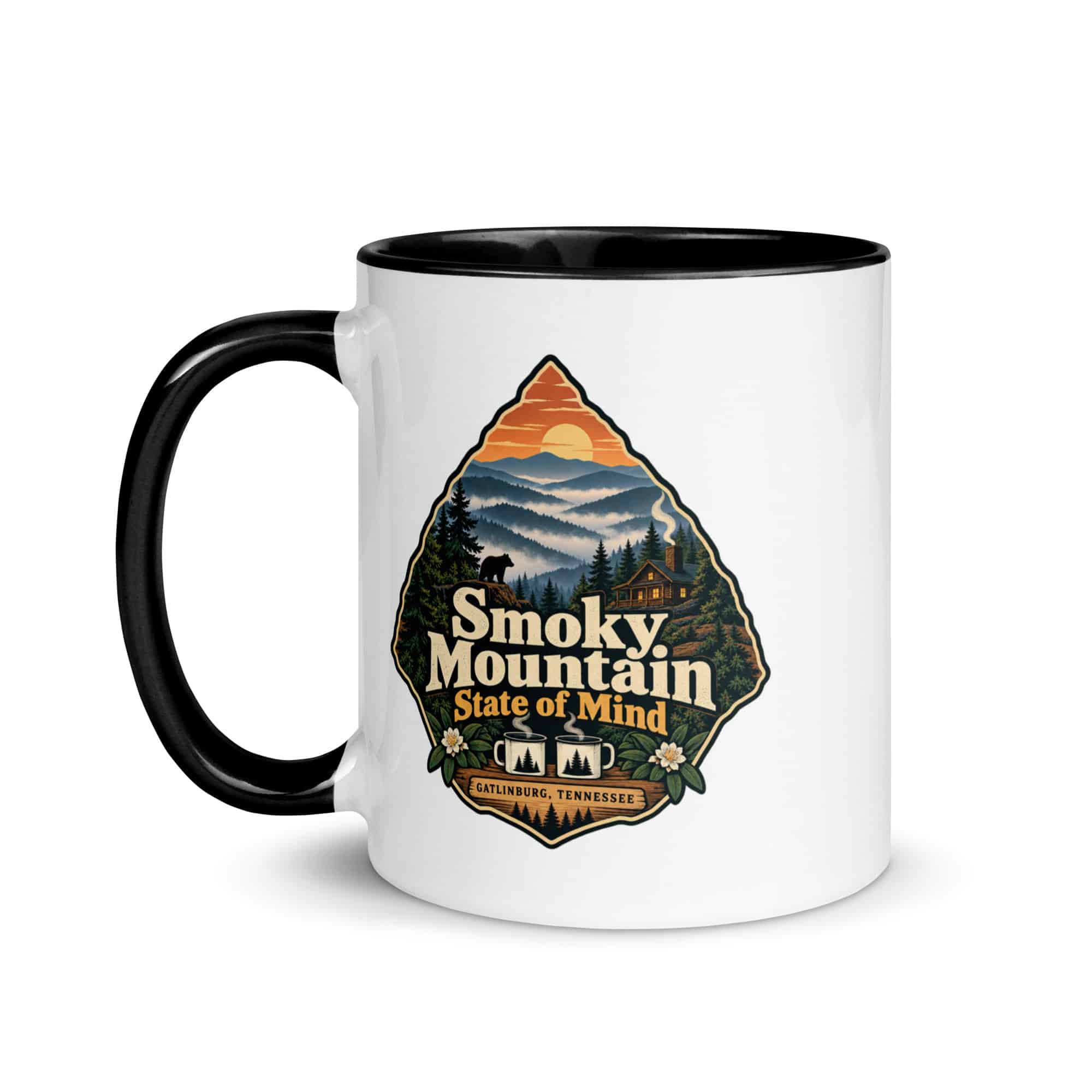 Gatlinburg and the Smokies Color Inside Coffee Mug: Smoky Mountain State of Mind, Scenic Shield Badge