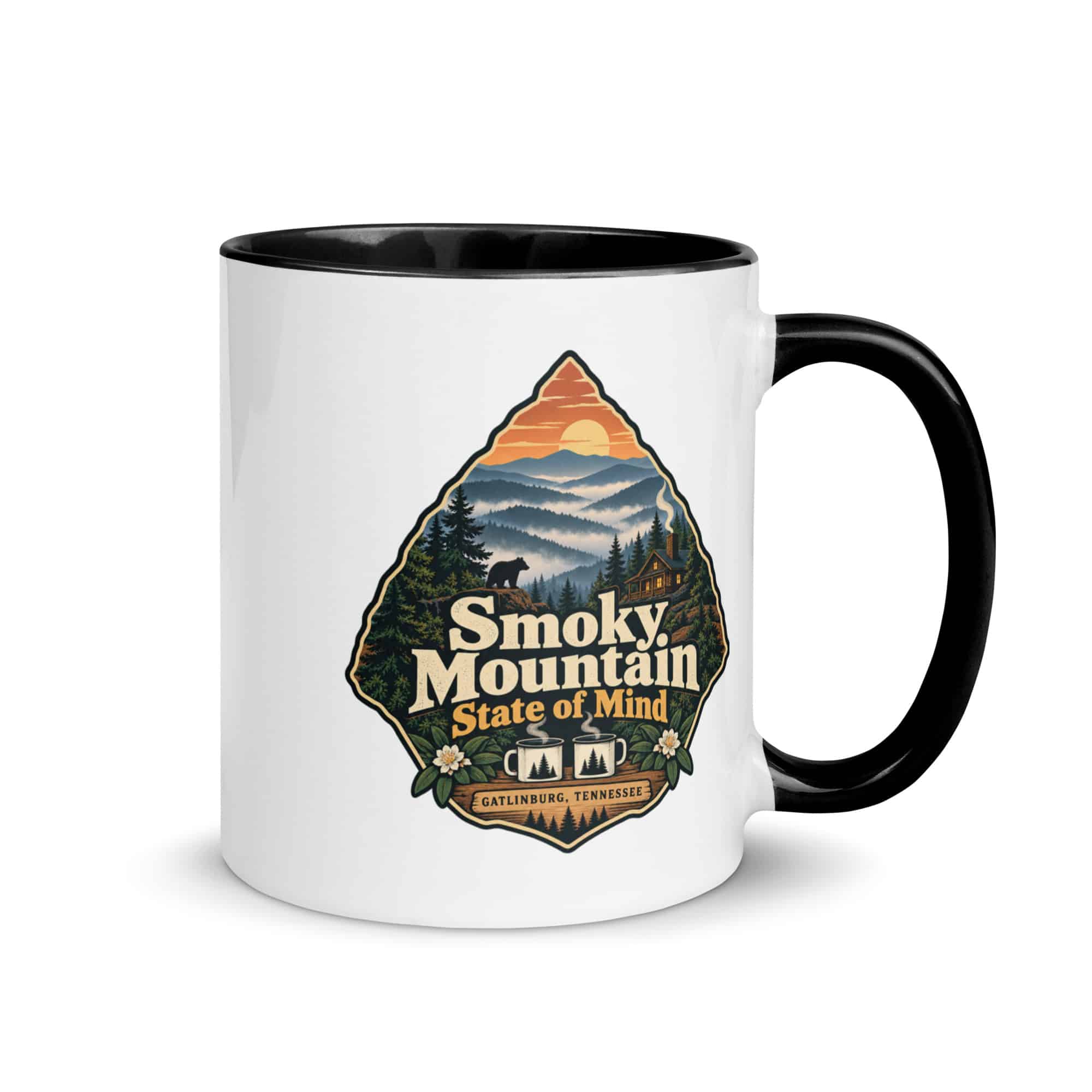 Gatlinburg and the Smokies Color Inside Coffee Mug: Smoky Mountain State of Mind, Scenic Shield Badge