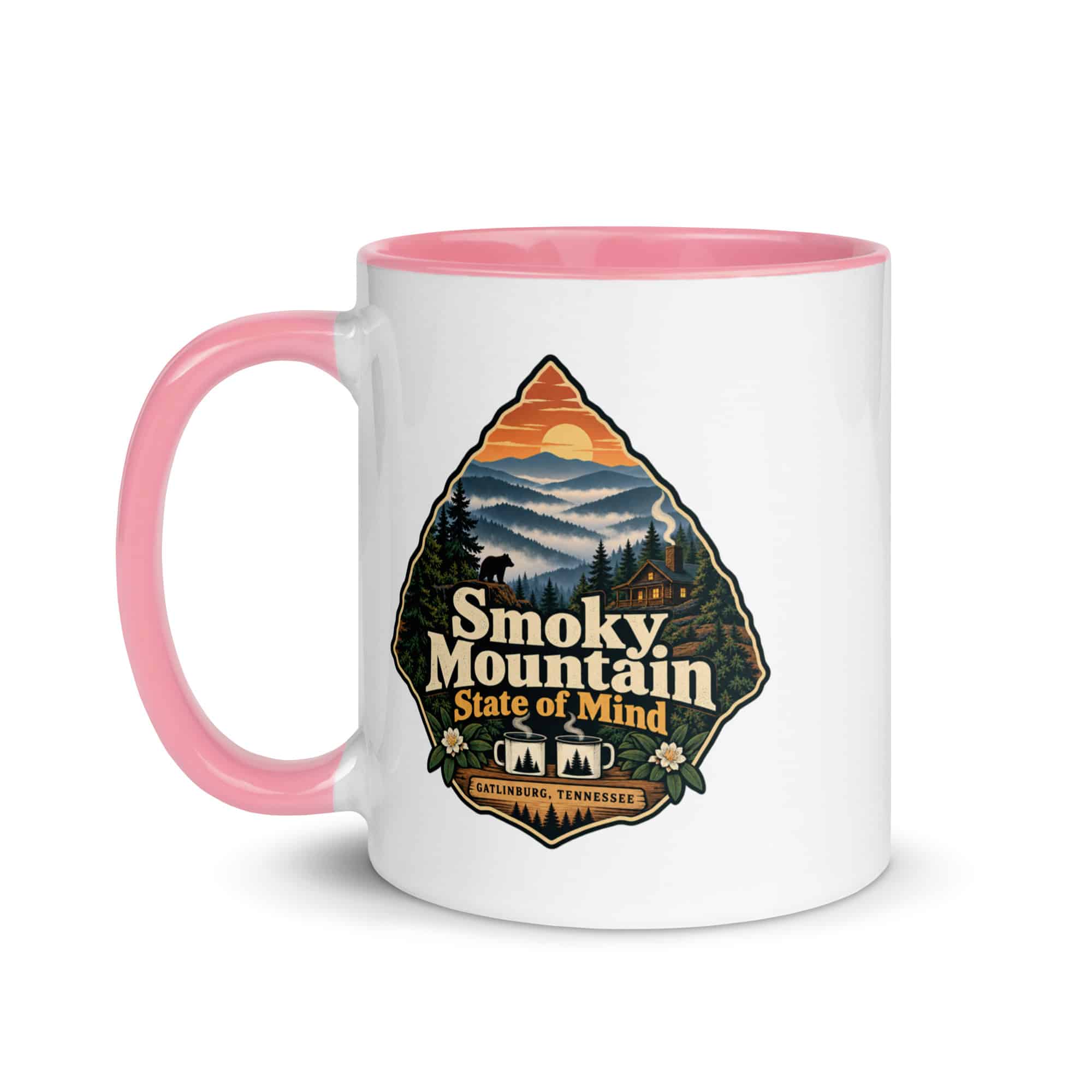 Gatlinburg and the Smokies Color Inside Coffee Mug: Smoky Mountain State of Mind, Scenic Shield Badge