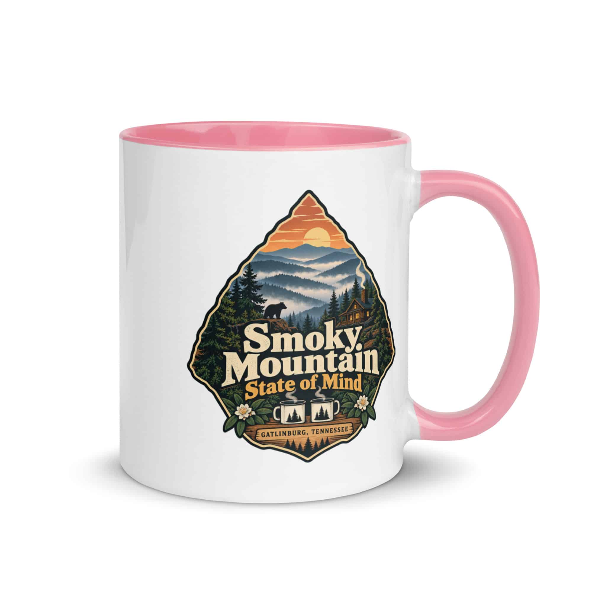 Gatlinburg and the Smokies Color Inside Coffee Mug: Smoky Mountain State of Mind, Scenic Shield Badge