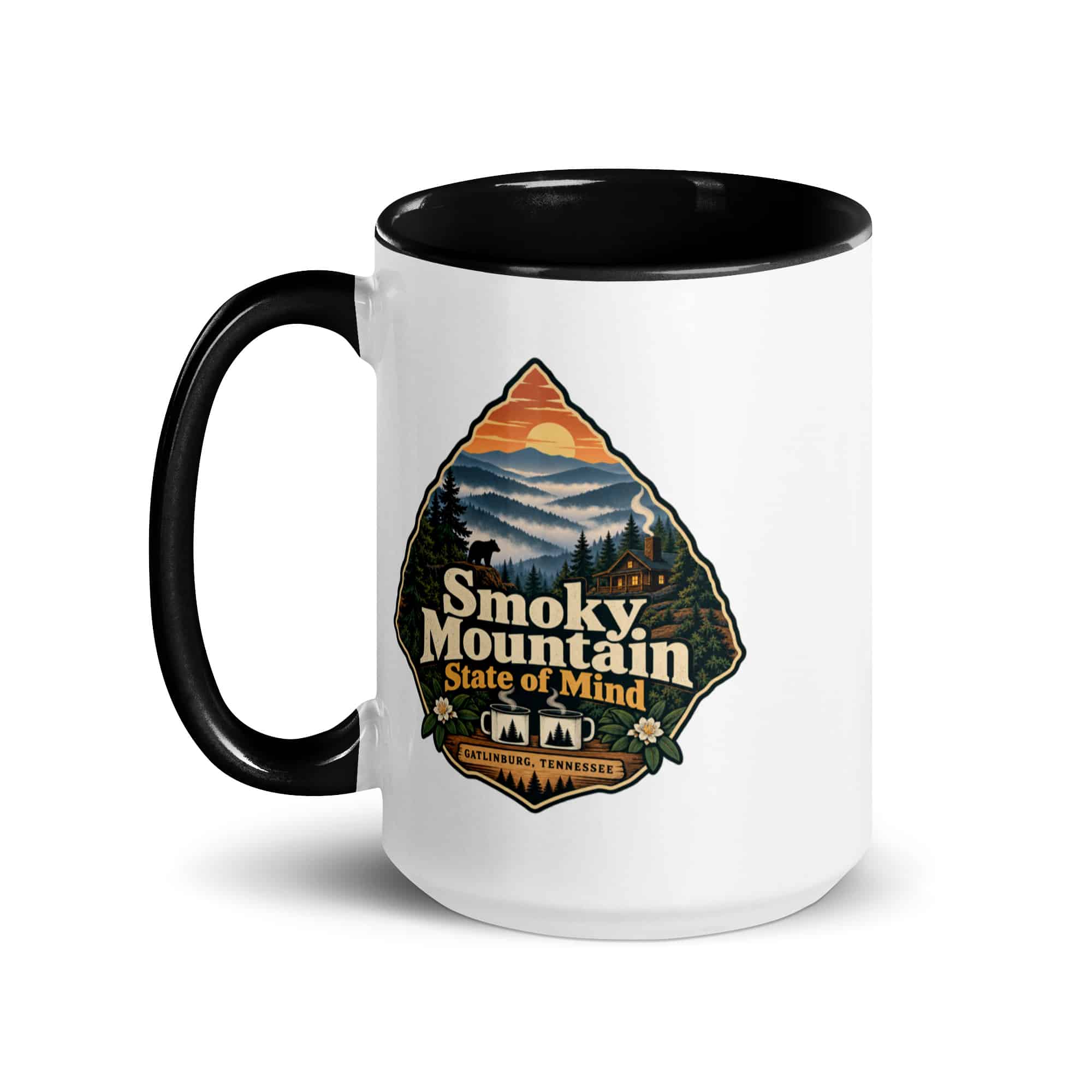 Gatlinburg and the Smokies Color Inside Coffee Mug: Smoky Mountain State of Mind, Scenic Shield Badge