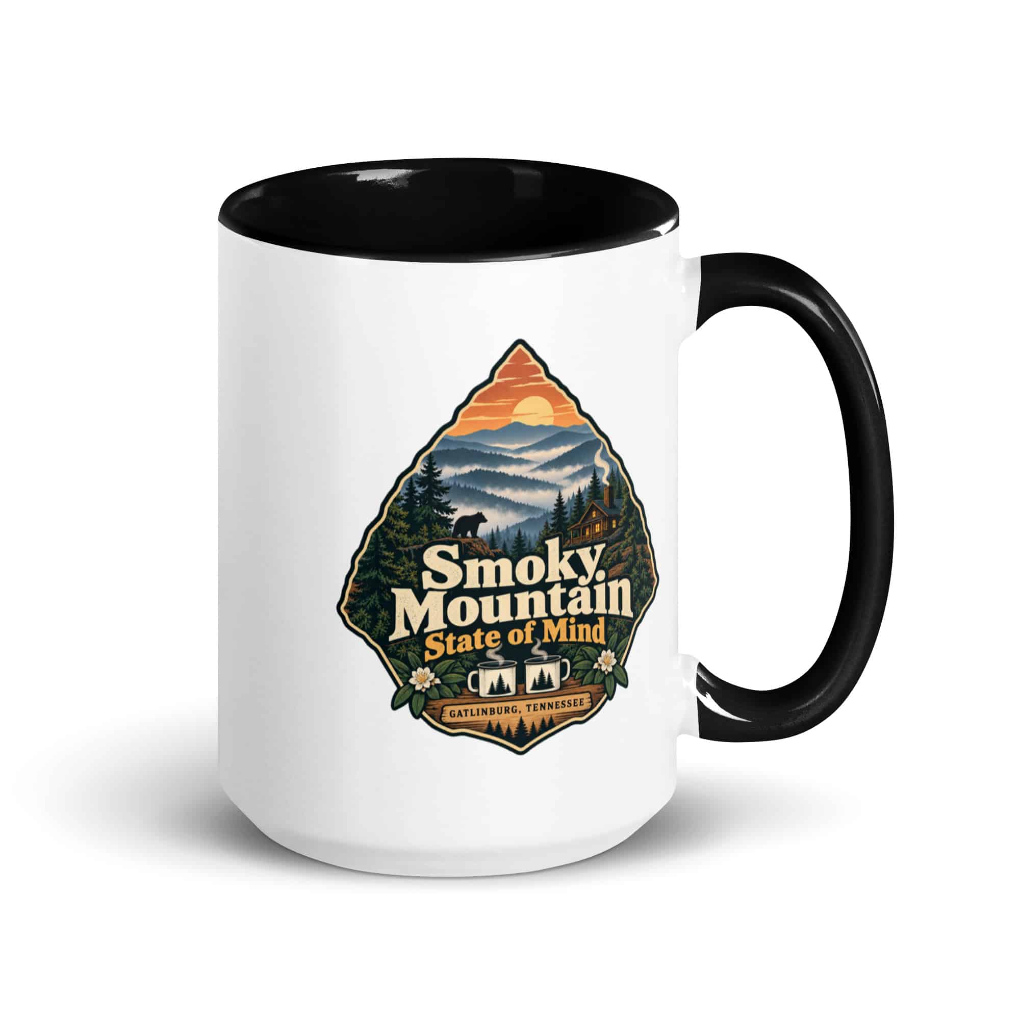 Gatlinburg and the Smokies Color Inside Coffee Mug: Smoky Mountain State of Mind, Scenic Shield Badge