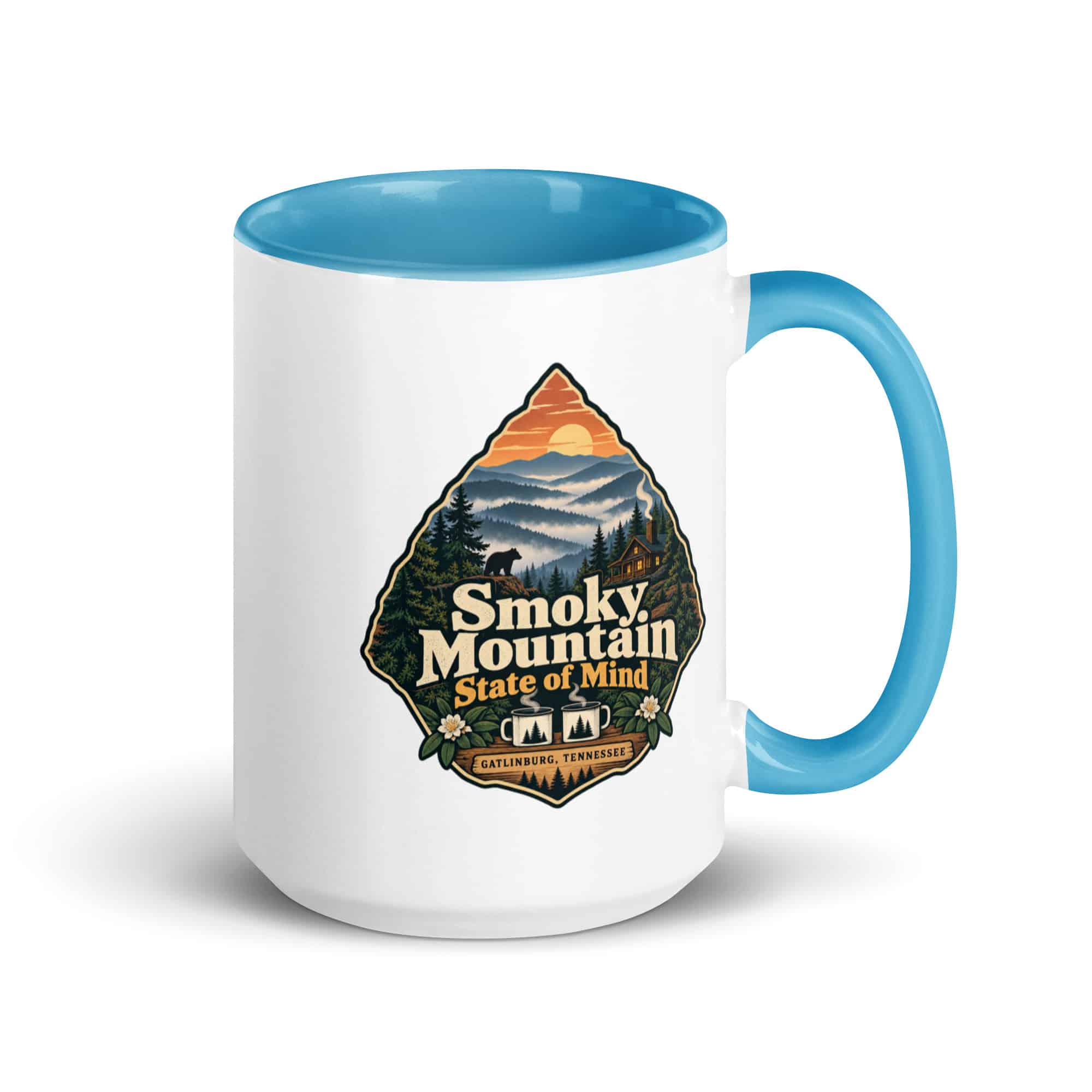 Gatlinburg and the Smokies Color Inside Coffee Mug: Smoky Mountain State of Mind, Scenic Shield Badge