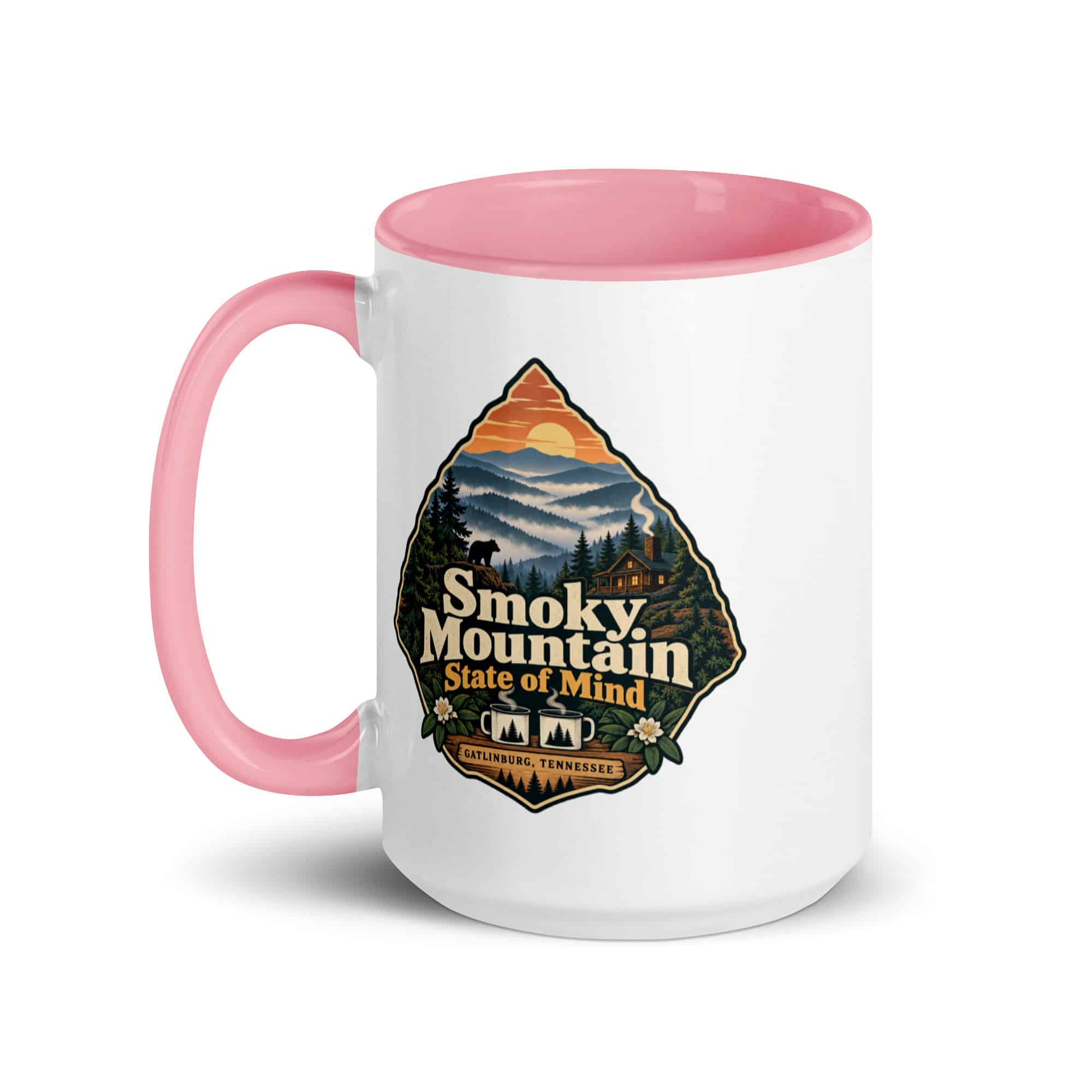 Gatlinburg and the Smokies Color Inside Coffee Mug: Smoky Mountain State of Mind, Scenic Shield Badge