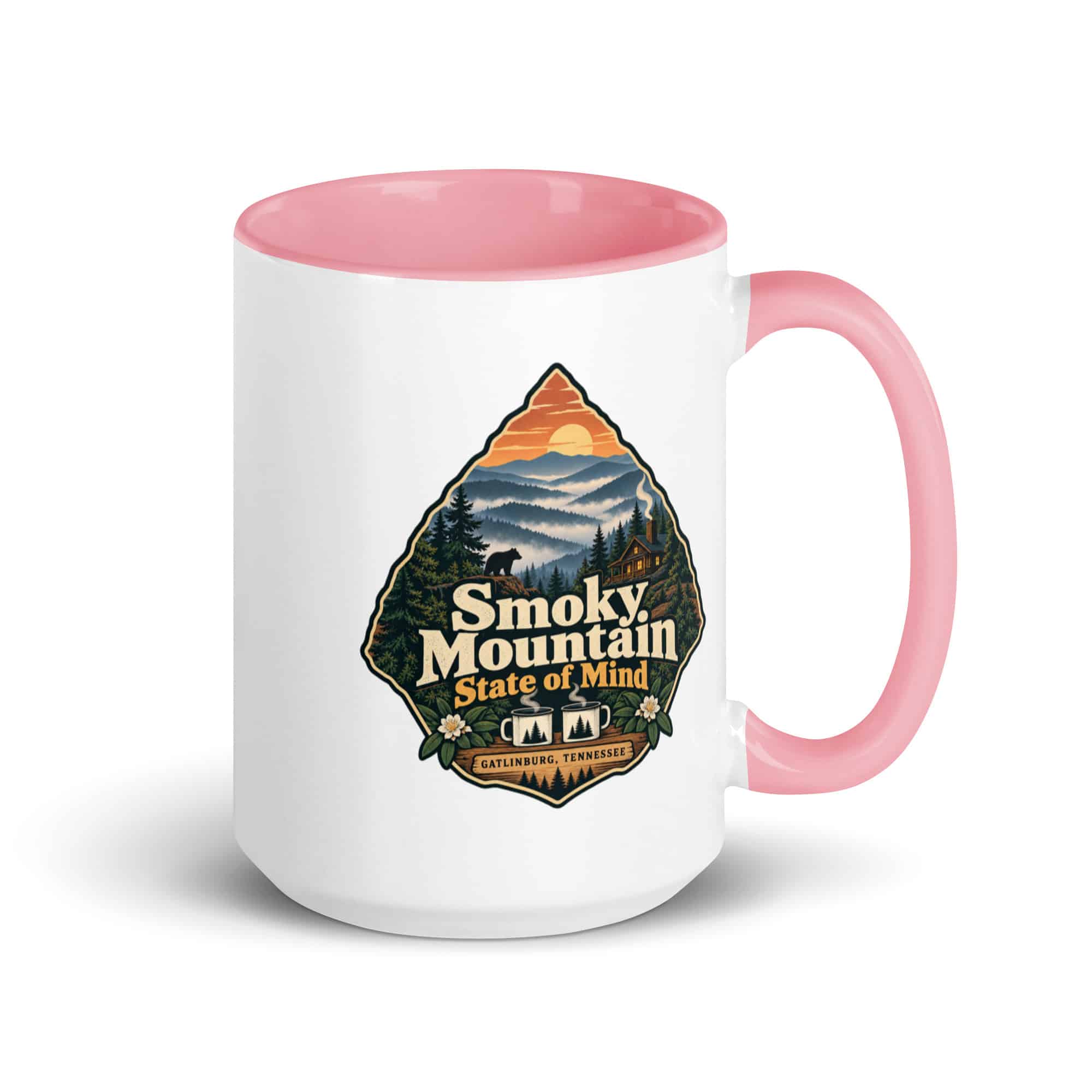 Gatlinburg and the Smokies Color Inside Coffee Mug: Smoky Mountain State of Mind, Scenic Shield Badge