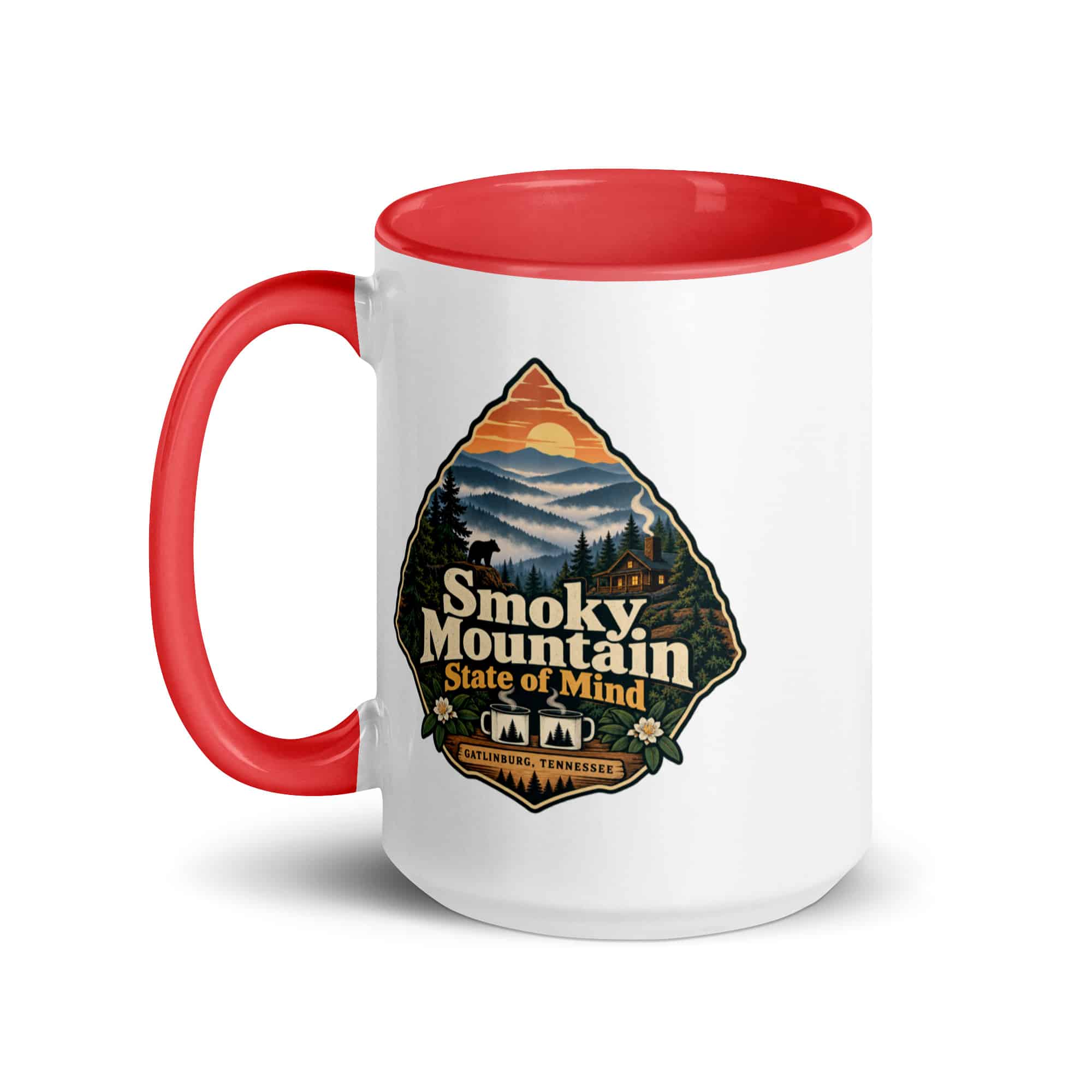 Gatlinburg and the Smokies Color Inside Coffee Mug: Smoky Mountain State of Mind, Scenic Shield Badge