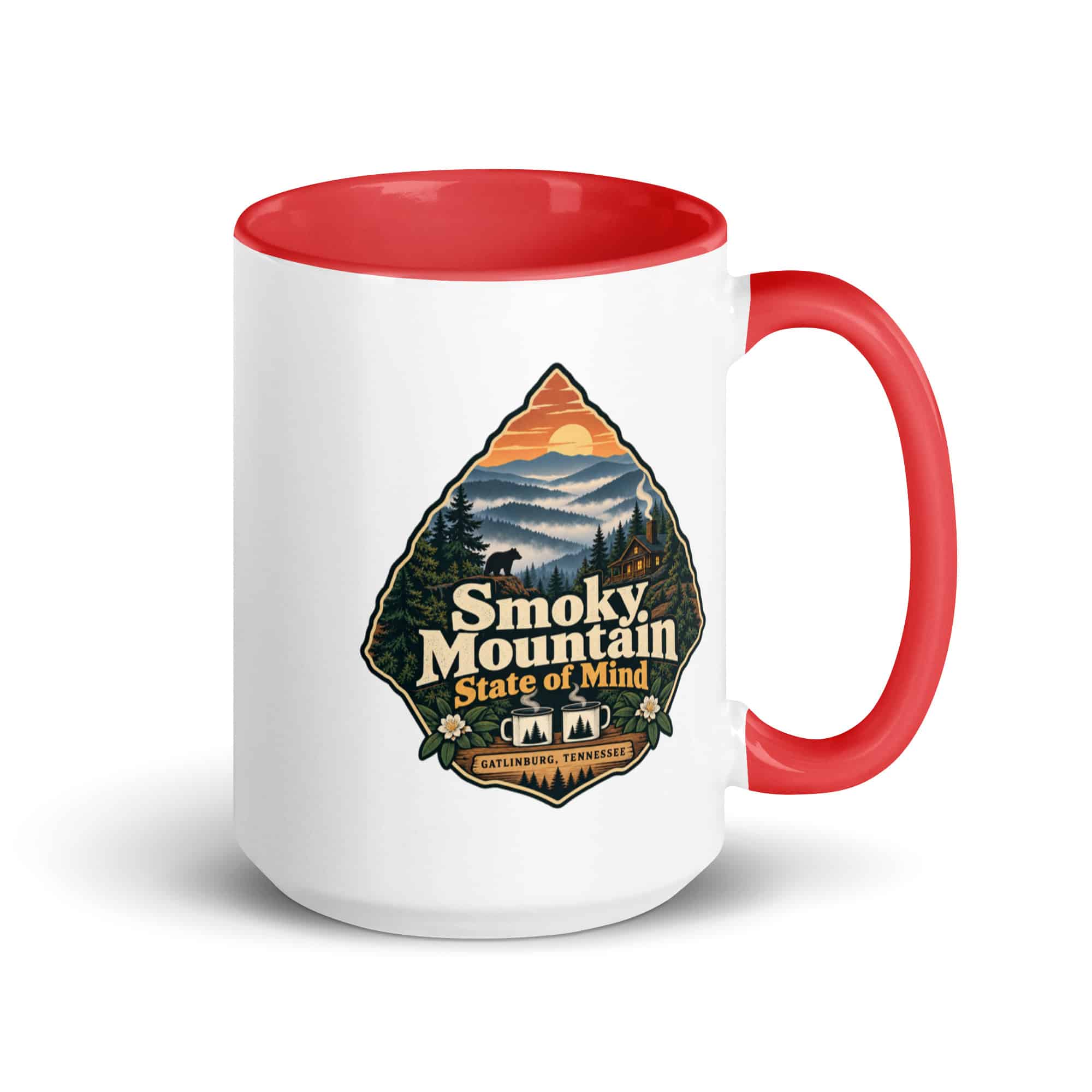 Gatlinburg and the Smokies Color Inside Coffee Mug: Smoky Mountain State of Mind, Scenic Shield Badge