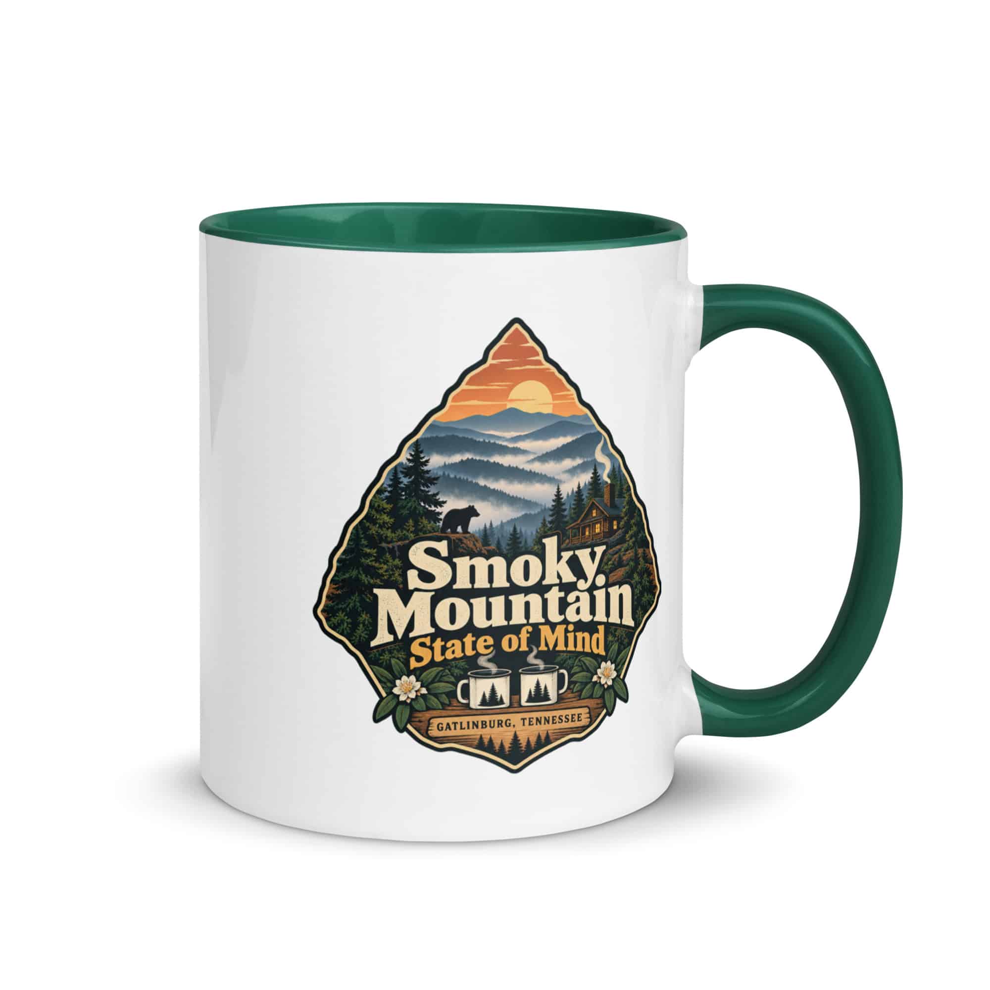 Gatlinburg and the Smokies Color Inside Coffee Mug: Smoky Mountain State of Mind, Scenic Shield Badge