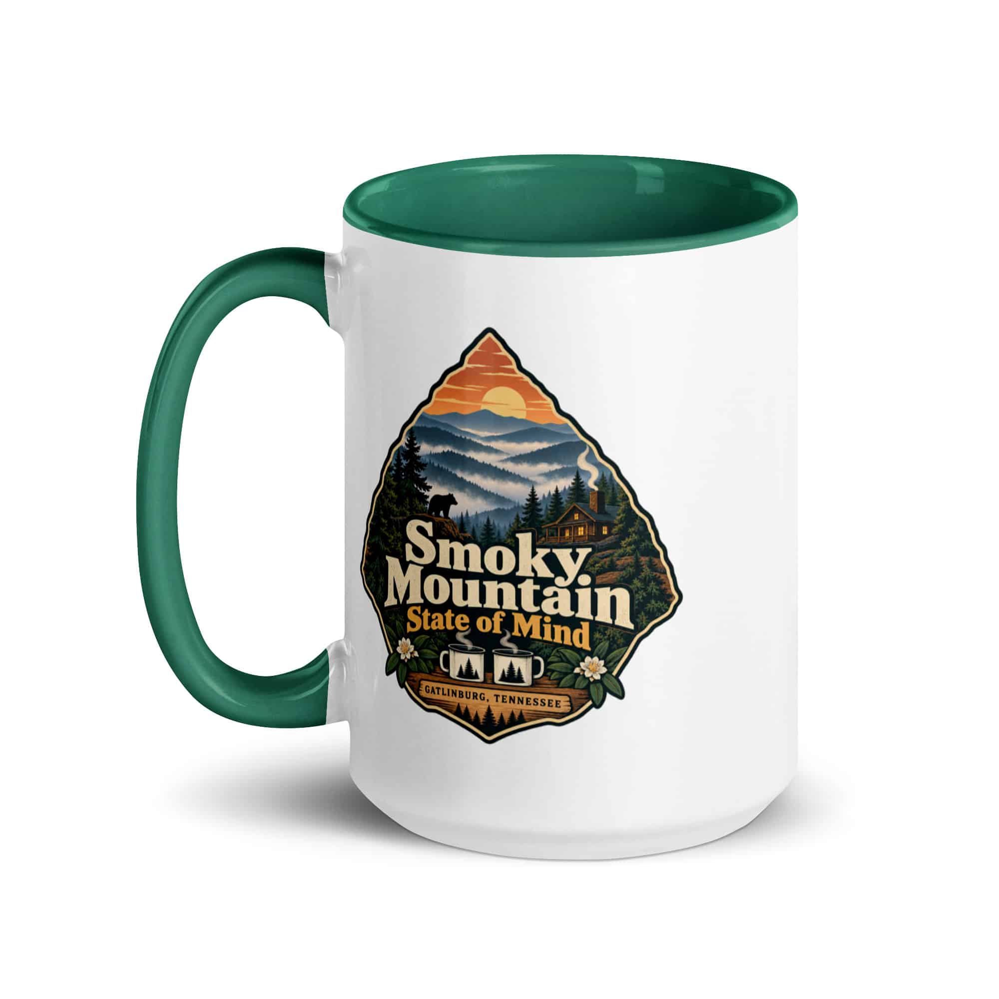 Gatlinburg and the Smokies Color Inside Coffee Mug: Smoky Mountain State of Mind, Scenic Shield Badge