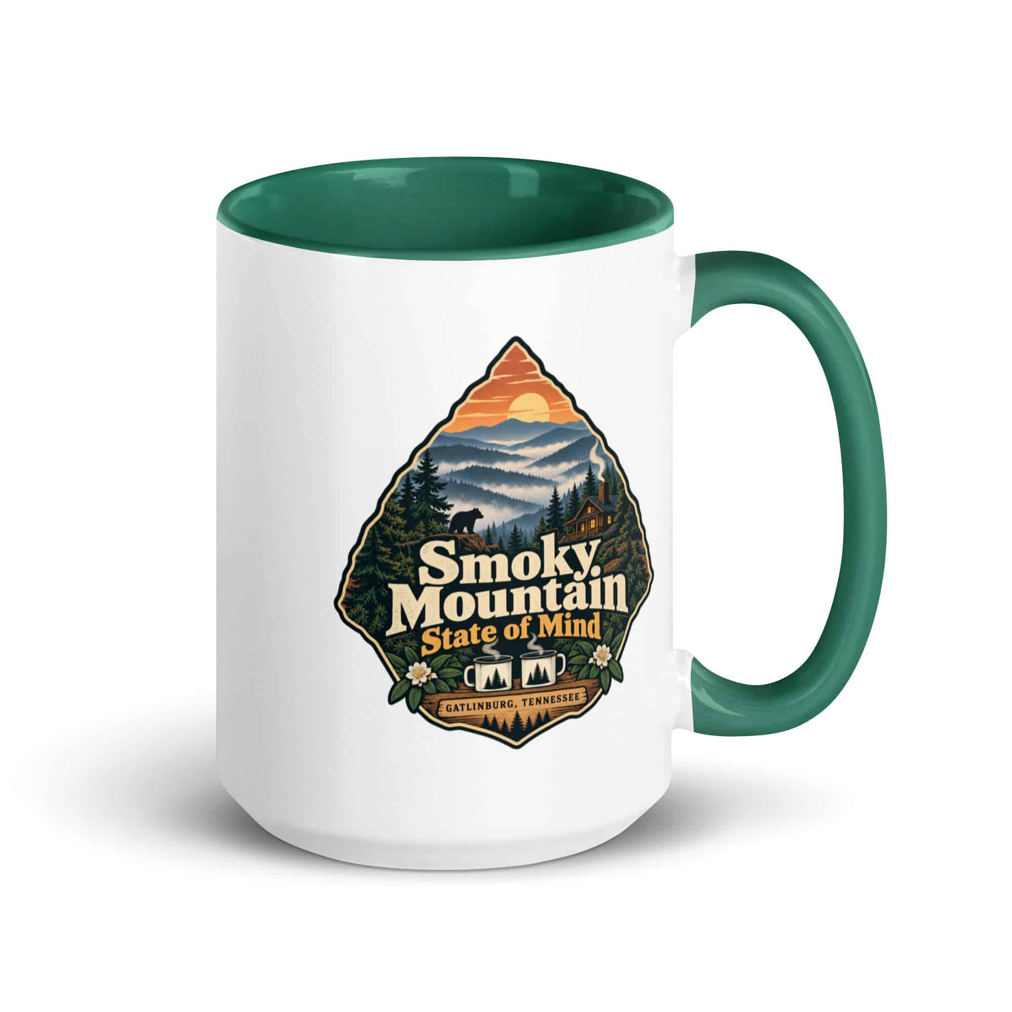 Gatlinburg and the Smokies Color Inside Coffee Mug: Smoky Mountain State of Mind, Scenic Shield Badge