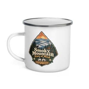 Gatlinburg and the Smokies Enamel Camp Mug: Smoky Mountain State of Mind, Scenic Shield Badge - 12 oz - Left