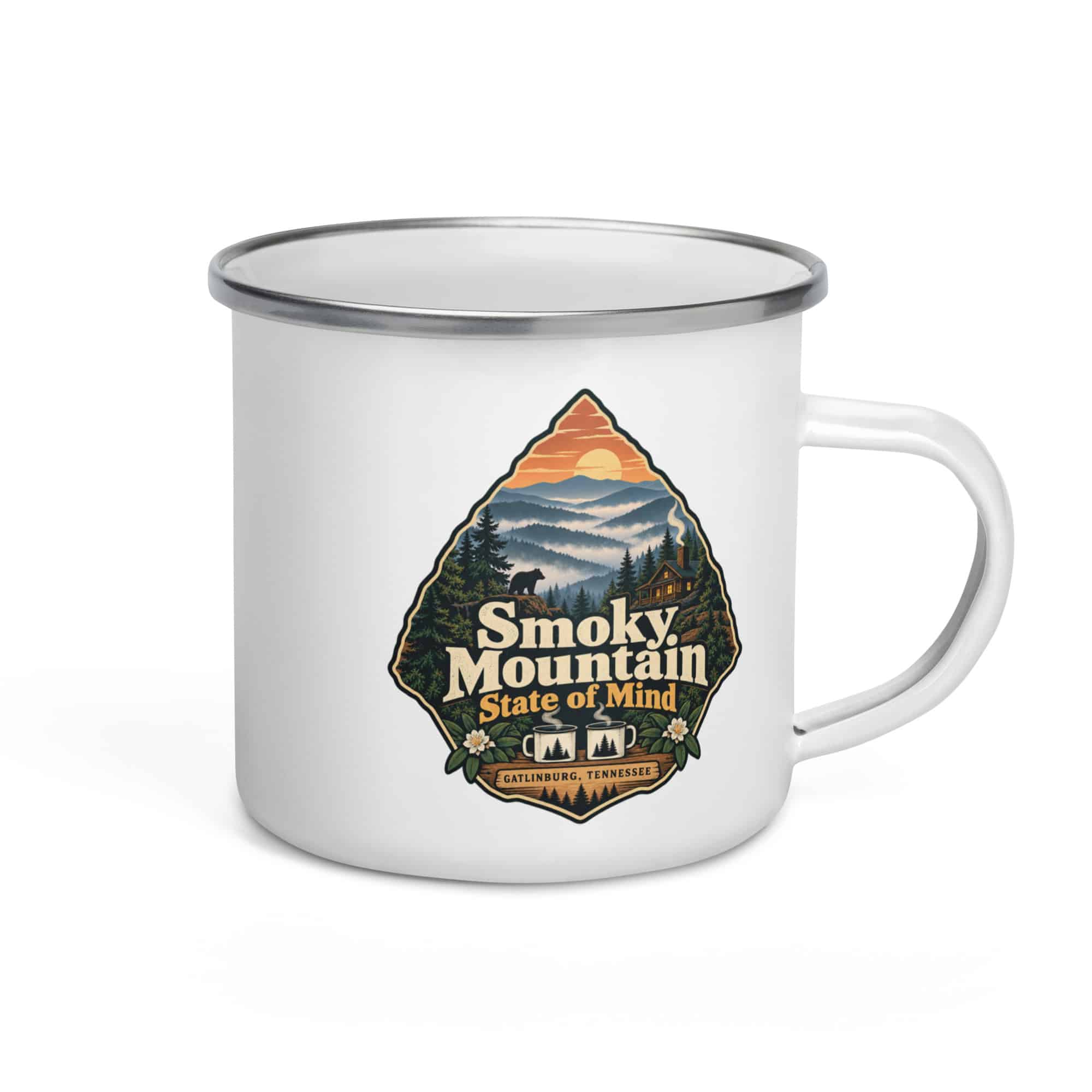 Gatlinburg and the Smokies Enamel Camp Mug: Smoky Mountain State of Mind, Scenic Shield Badge