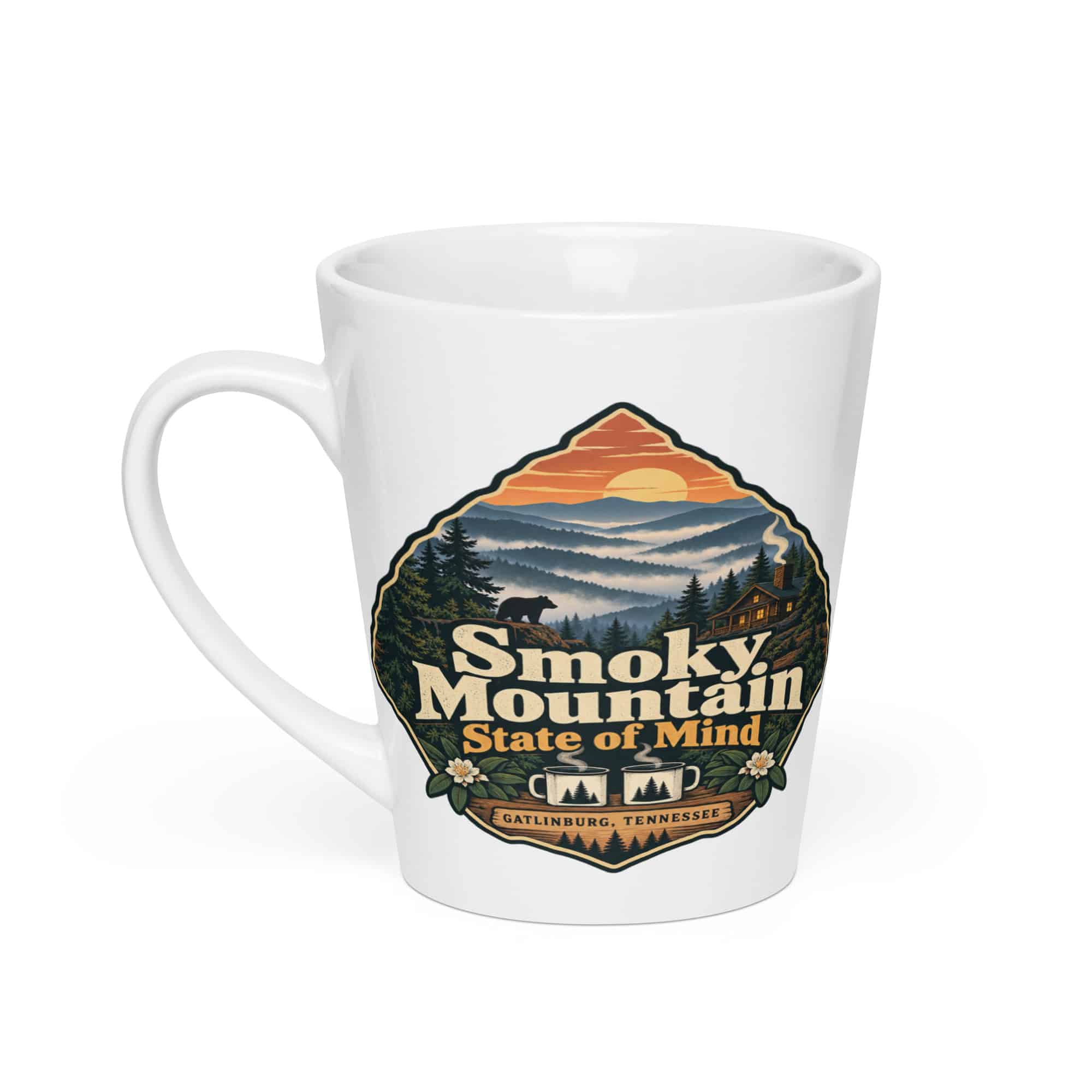 Gatlinburg and the Smokies Latte Mug: Smoky Mountain State of Mind, Scenic Shield Badge