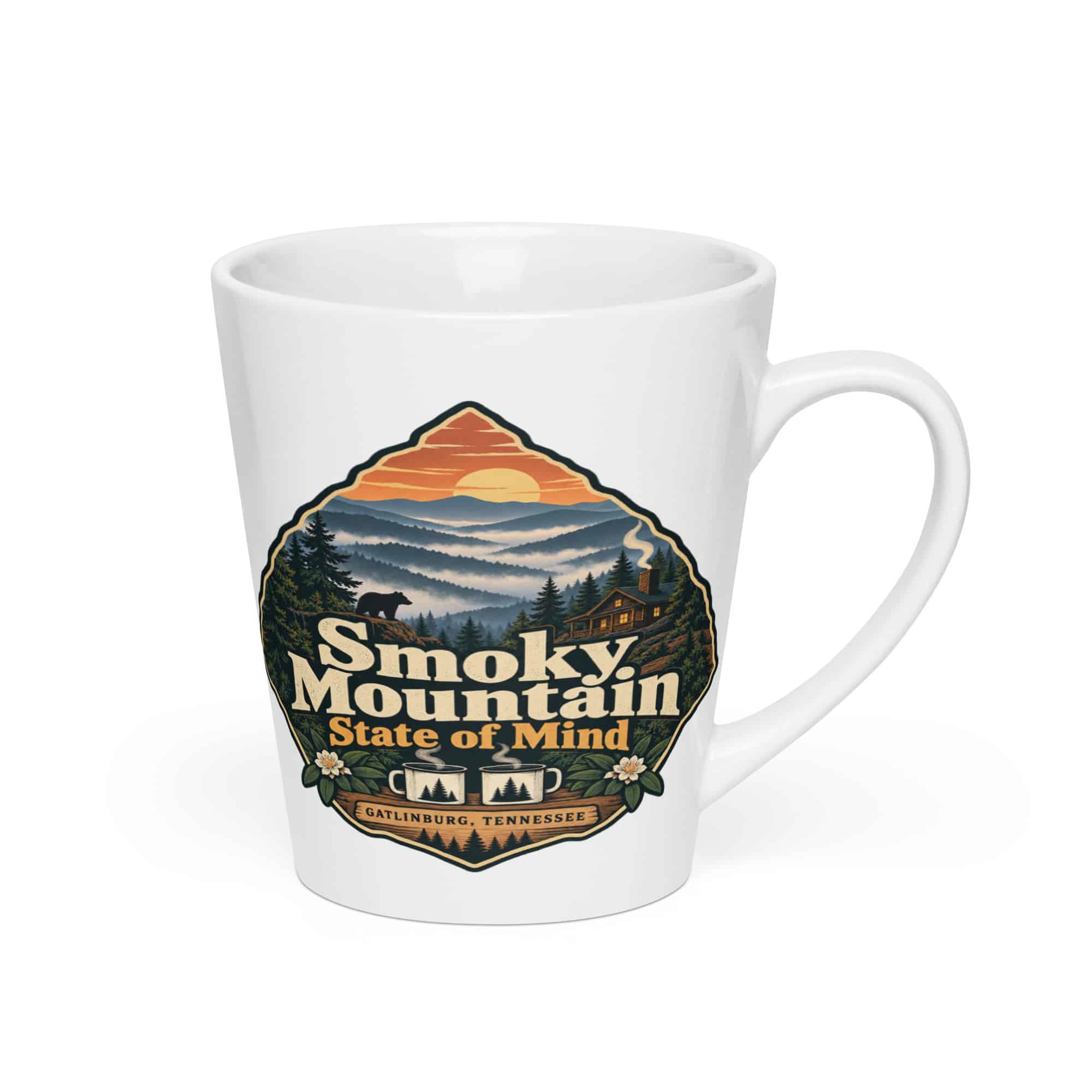 Gatlinburg and the Smokies Latte Mug: Smoky Mountain State of Mind, Scenic Shield Badge