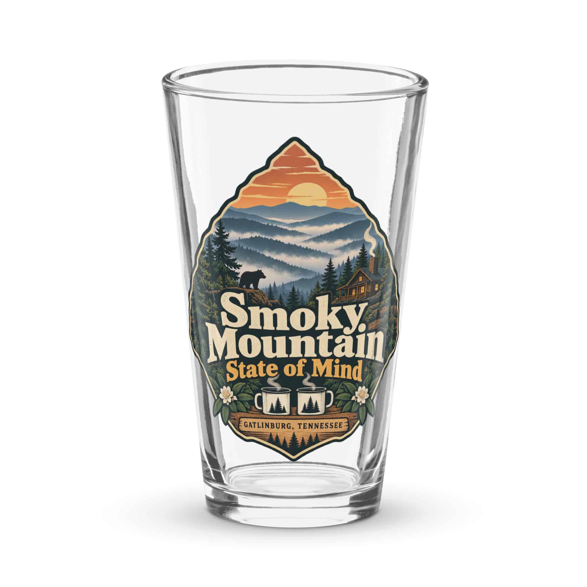 Gatlinburg and the Smokies Pint Glass: Smoky Mountain State of Mind, Scenic Shield Badge
