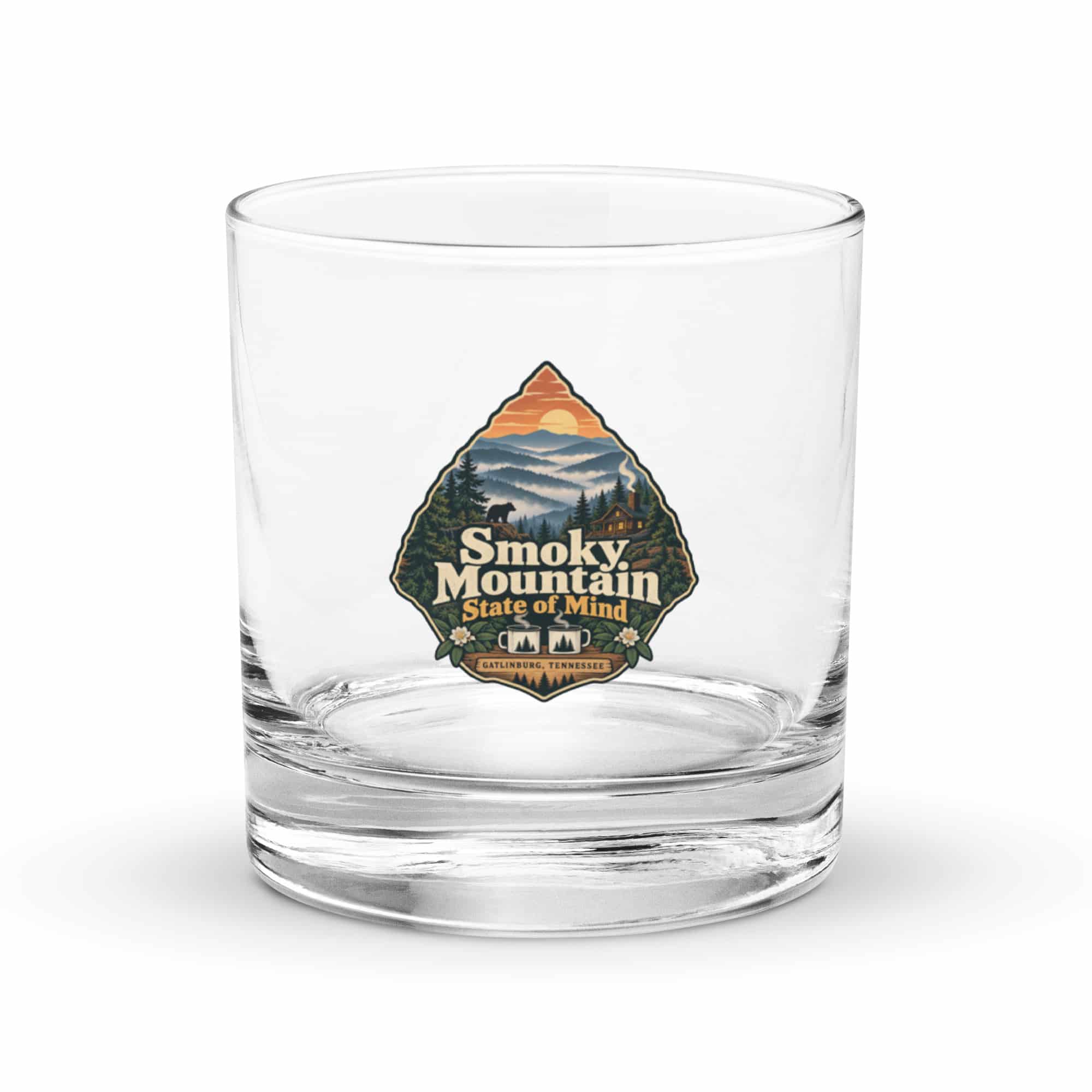 Gatlinburg and the Smokies Rocks Glass: Smoky Mountain State of Mind, Scenic Shield Badge