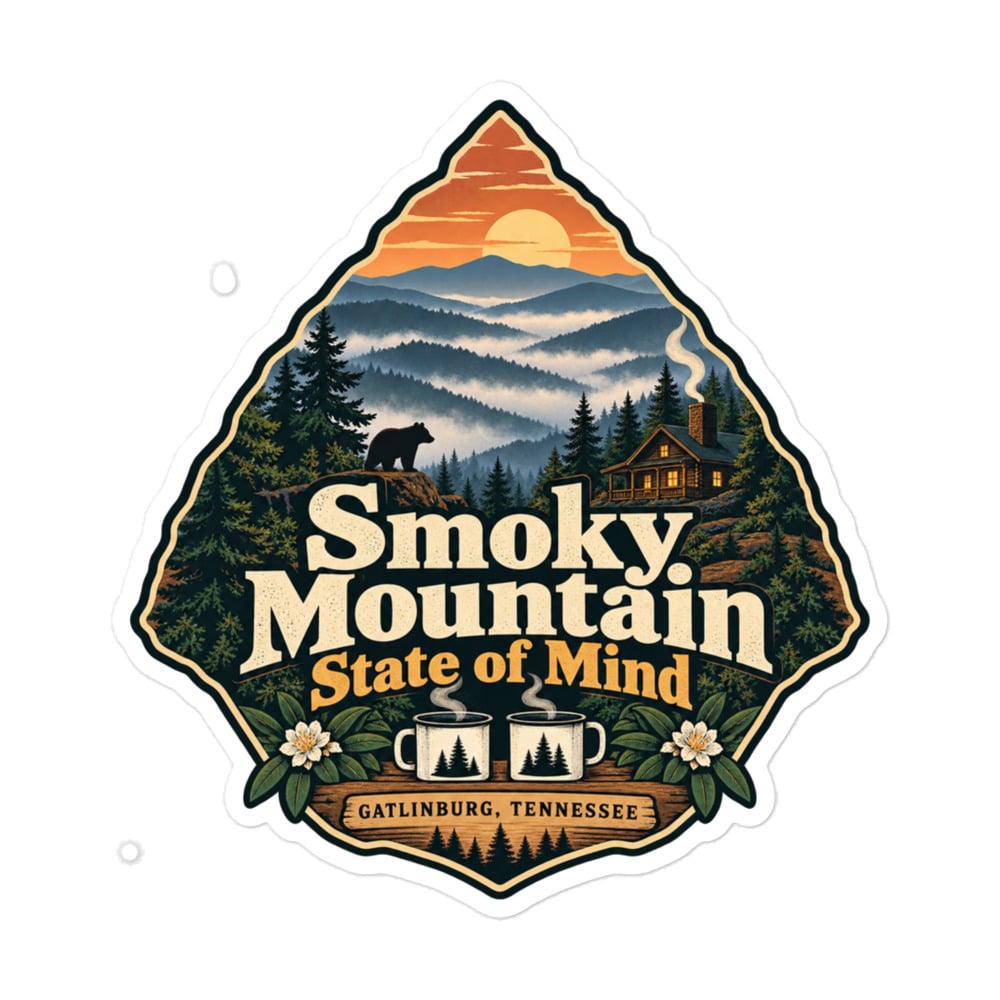 Gatlinburg and the Smokies Vinyl Sticker: Smoky Mountain State of Mind, Scenic Shield Badge