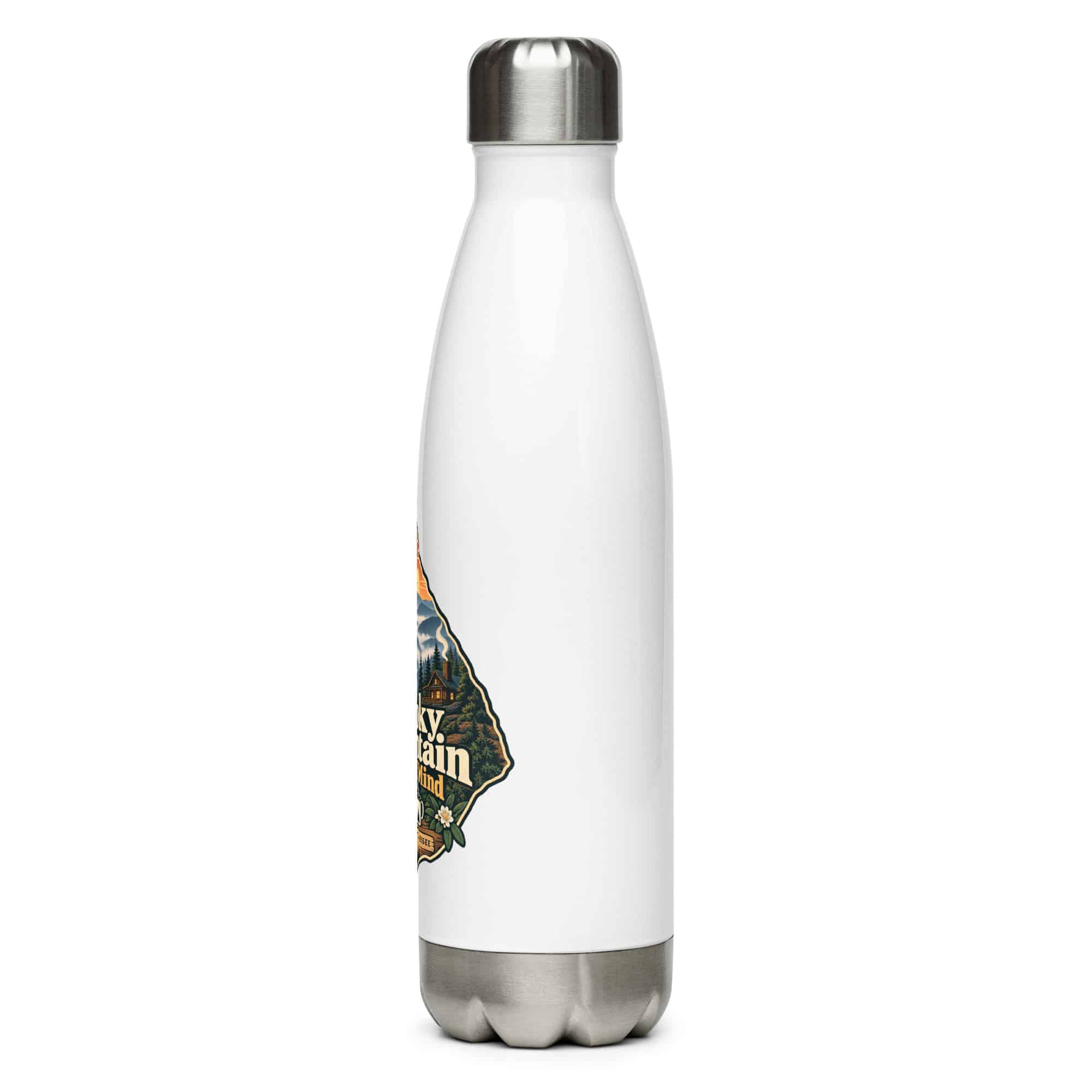 Gatlinburg and the Smokies Stainless Steel Water Bottle: Smoky Mountain State of Mind, Scenic Shield Badge