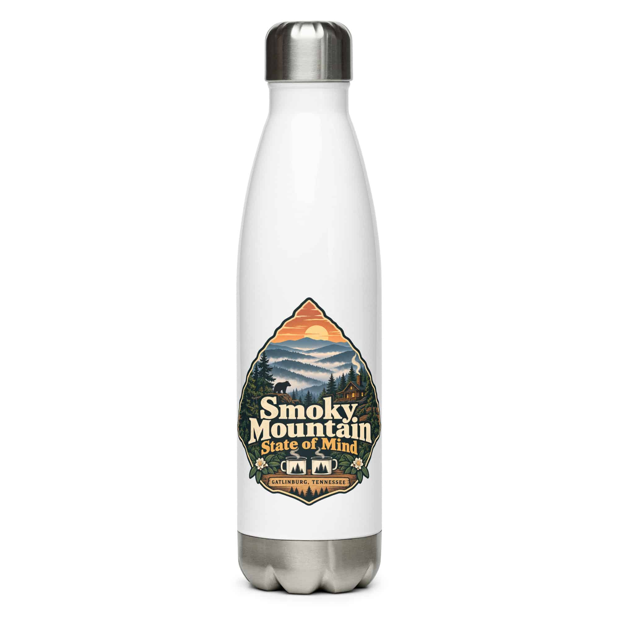 Gatlinburg and the Smokies Stainless Steel Water Bottle: Smoky Mountain State of Mind, Scenic Shield Badge