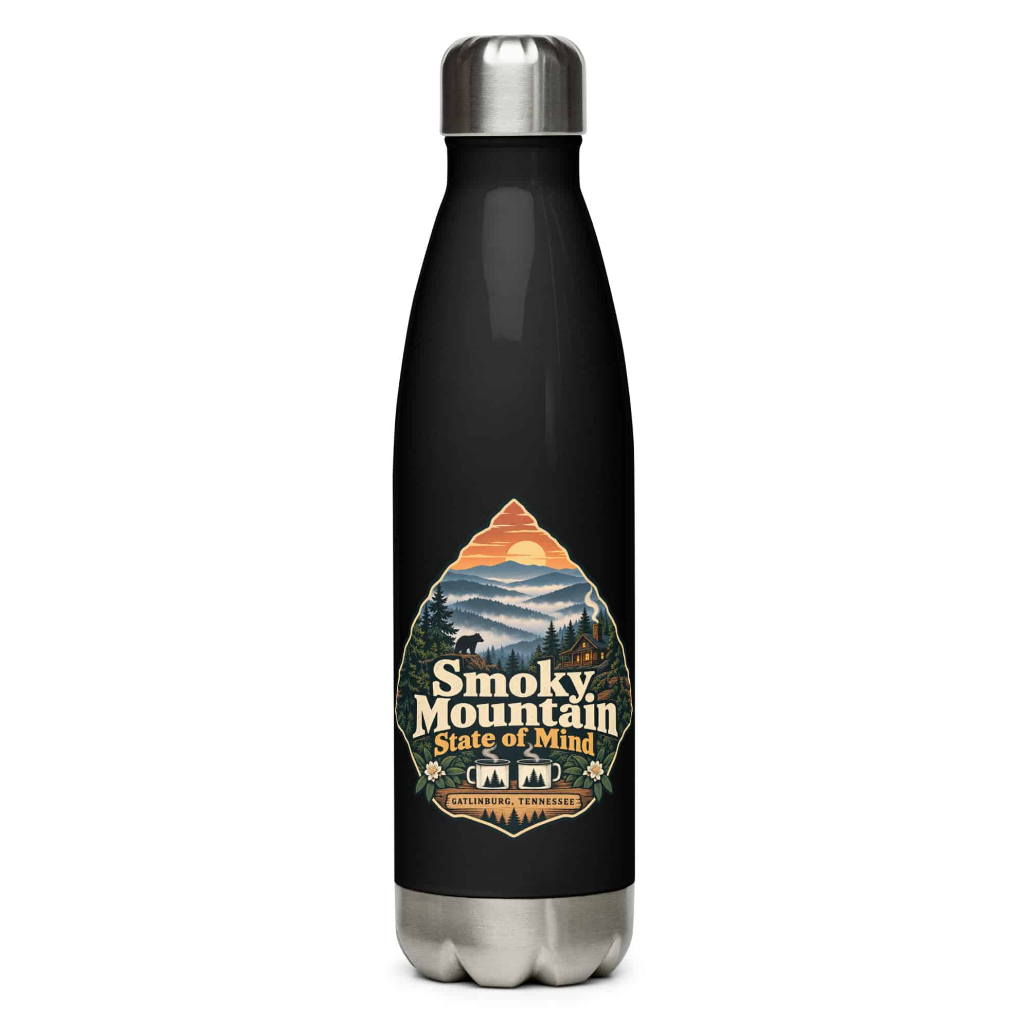 Gatlinburg and the Smokies Stainless Steel Water Bottle: Smoky Mountain State of Mind, Scenic Shield Badge