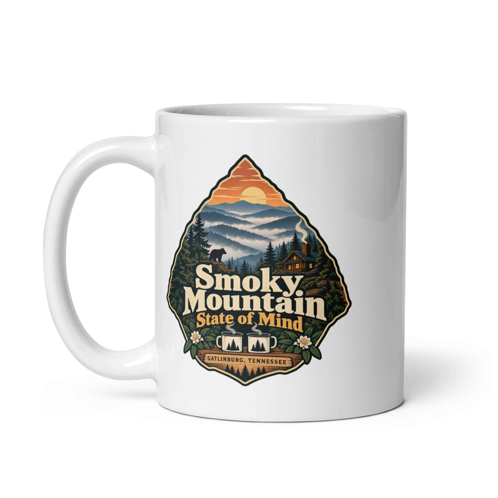 Gatlinburg and the Smokies White Ceramic Coffee Mug: Smoky Mountain State of Mind, Scenic Shield Badge