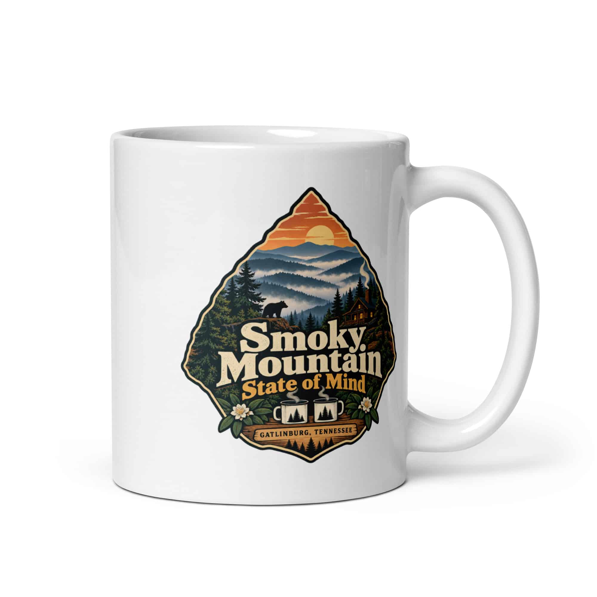 Gatlinburg and the Smokies White Ceramic Coffee Mug: Smoky Mountain State of Mind, Scenic Shield Badge