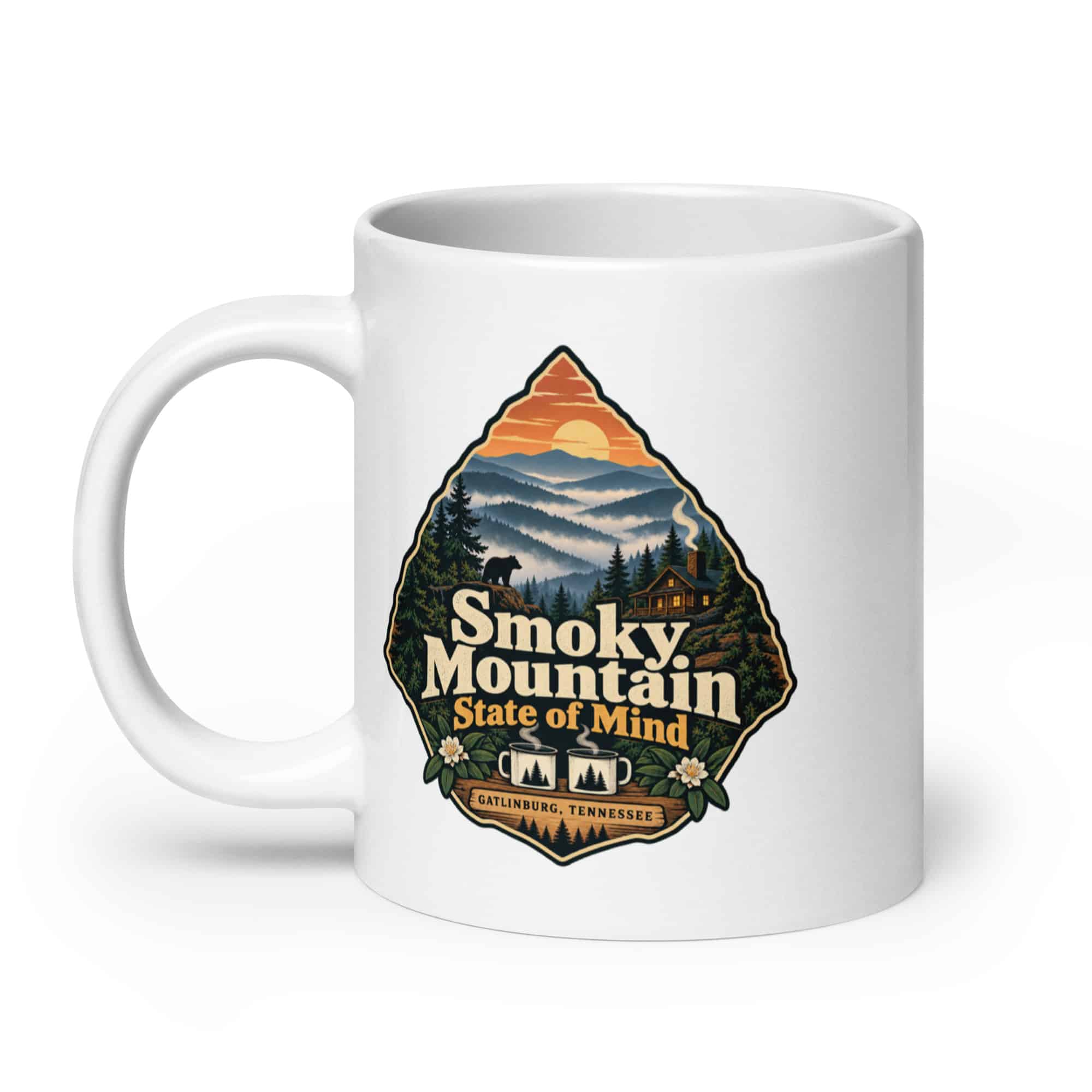 Gatlinburg and the Smokies White Ceramic Coffee Mug: Smoky Mountain State of Mind, Scenic Shield Badge