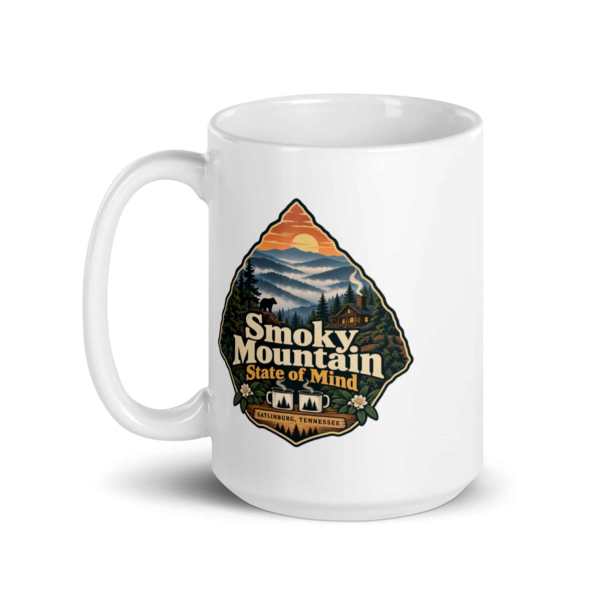 Gatlinburg and the Smokies White Ceramic Coffee Mug: Smoky Mountain State of Mind, Scenic Shield Badge