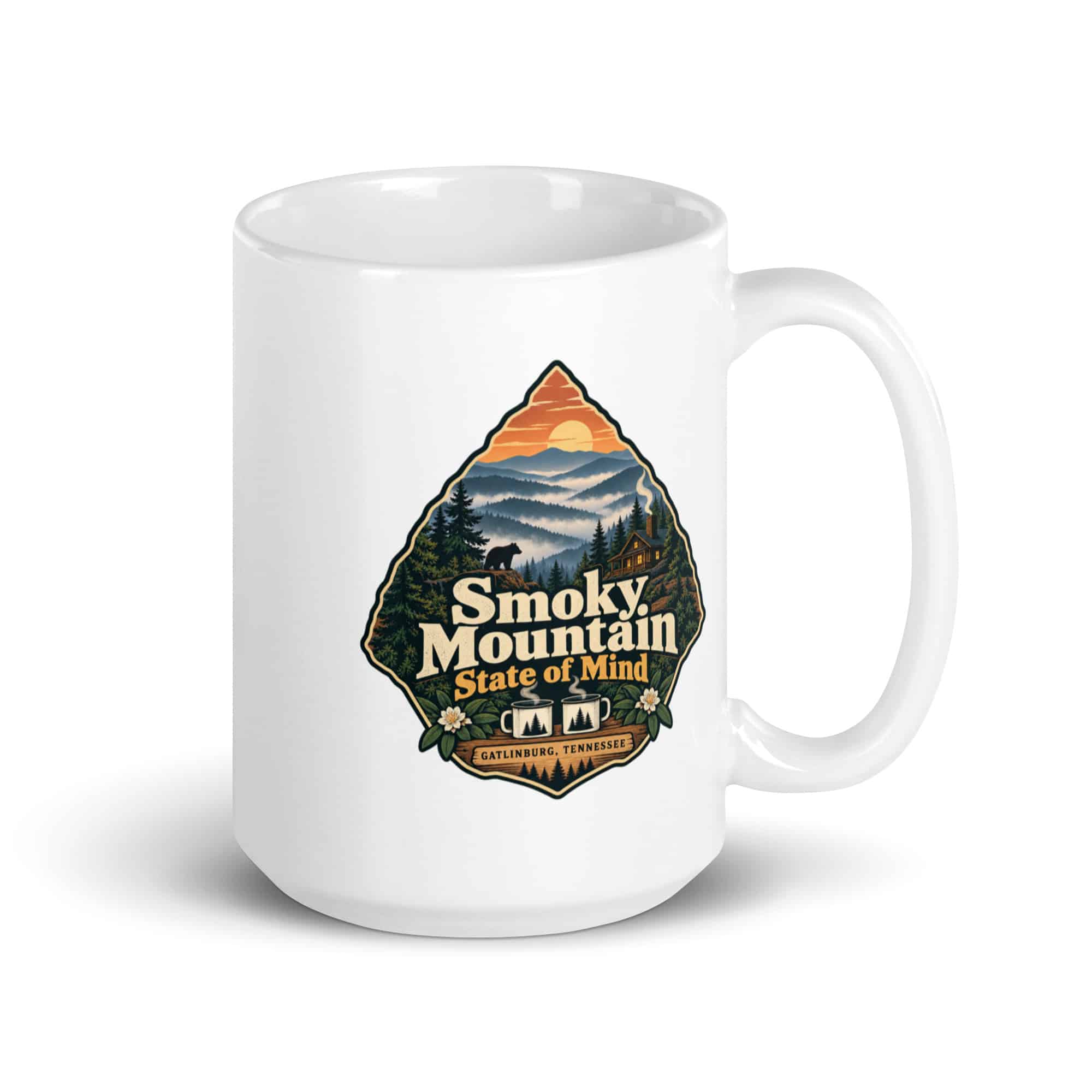 Gatlinburg and the Smokies White Ceramic Coffee Mug: Smoky Mountain State of Mind, Scenic Shield Badge