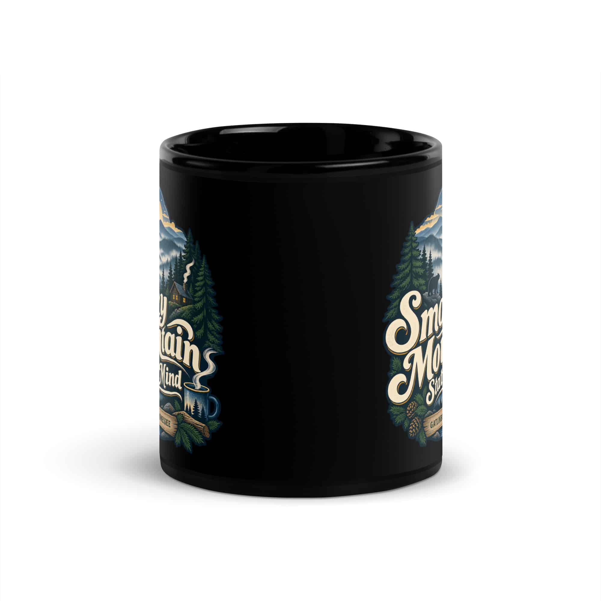 Gatlinburg and the Smokies Black Coffee Mug: Smoky Mountain State of Mind, Woodland Scenic Lettering