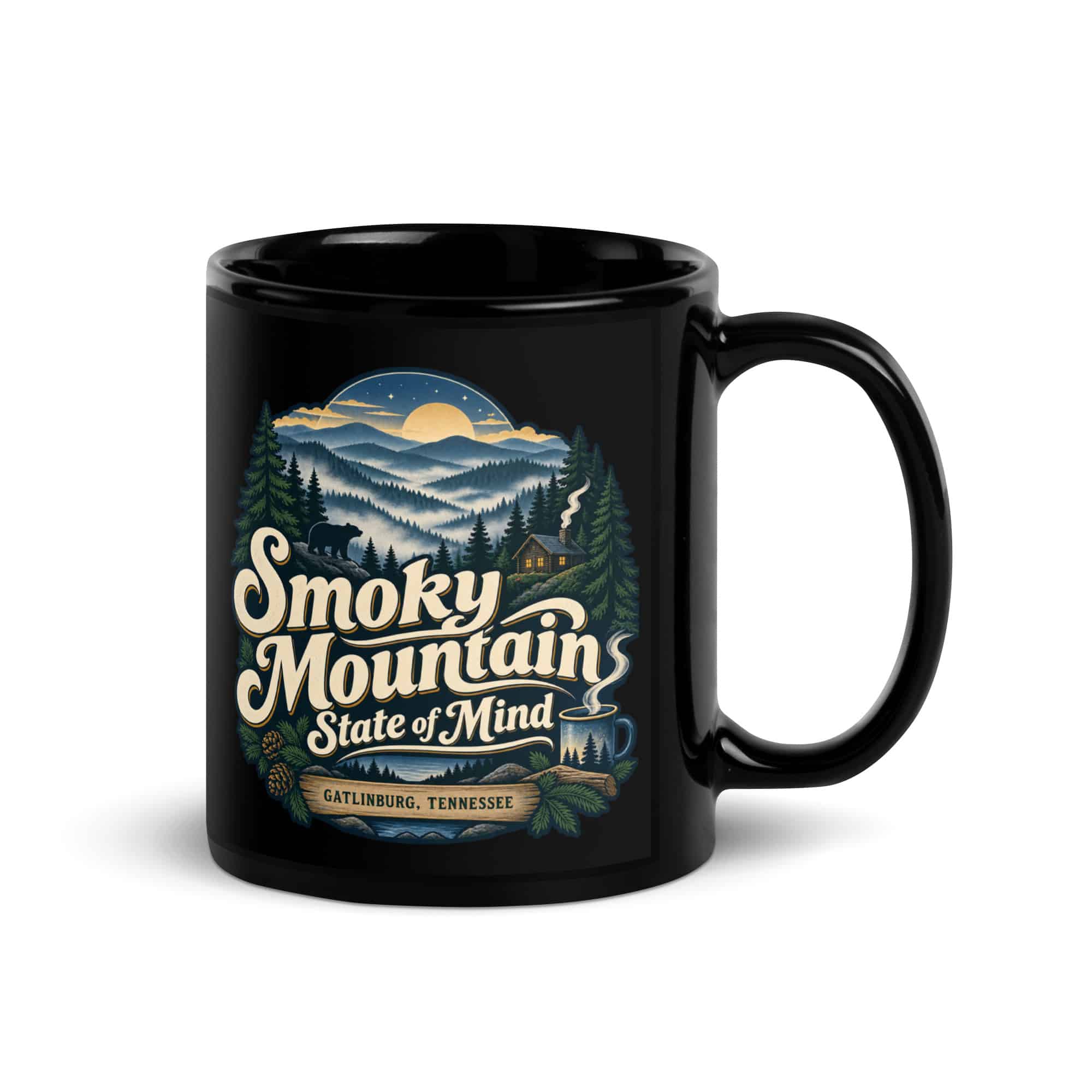 Gatlinburg and the Smokies Black Coffee Mug: Smoky Mountain State of Mind, Woodland Scenic Lettering