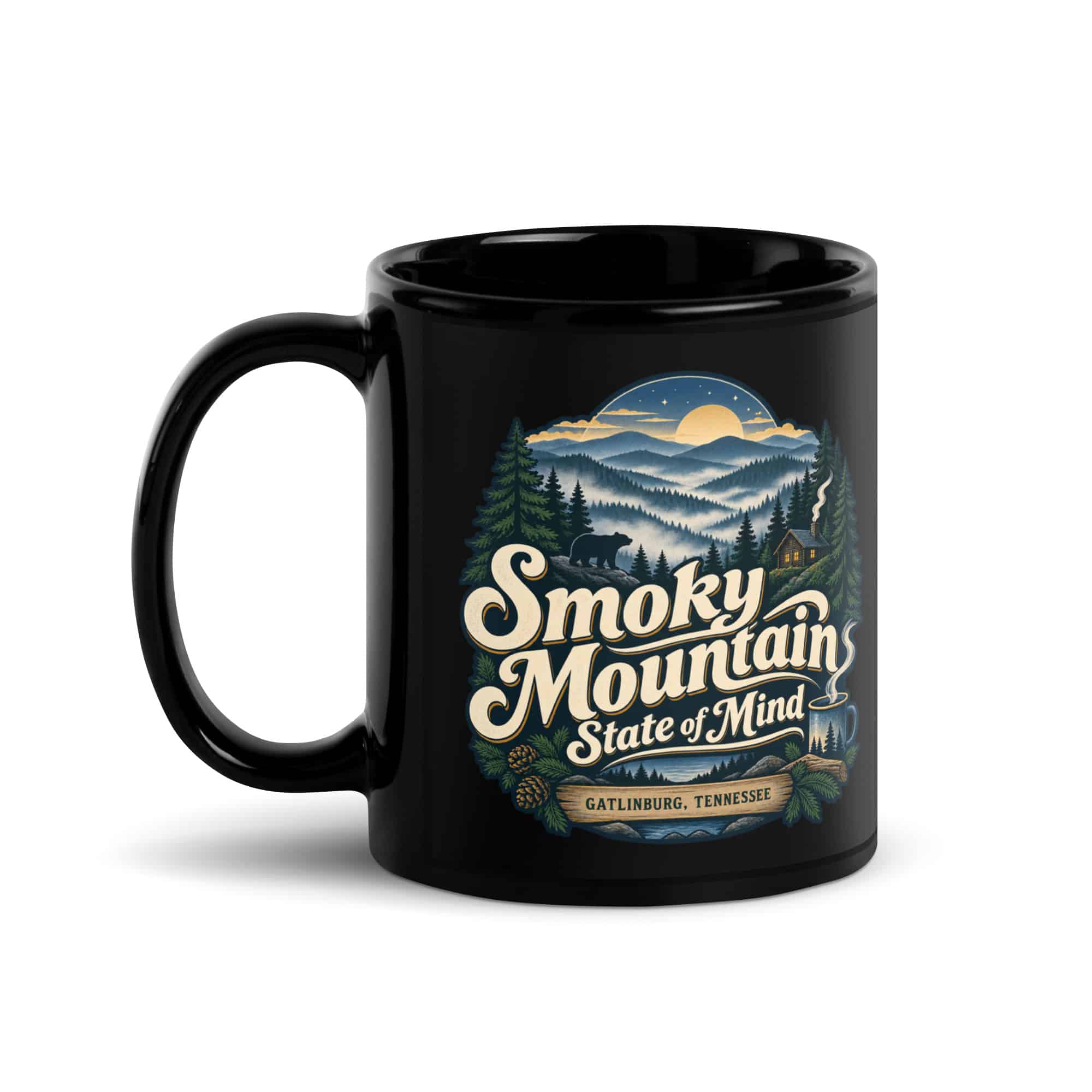 Gatlinburg and the Smokies Black Coffee Mug: Smoky Mountain State of Mind, Woodland Scenic Lettering