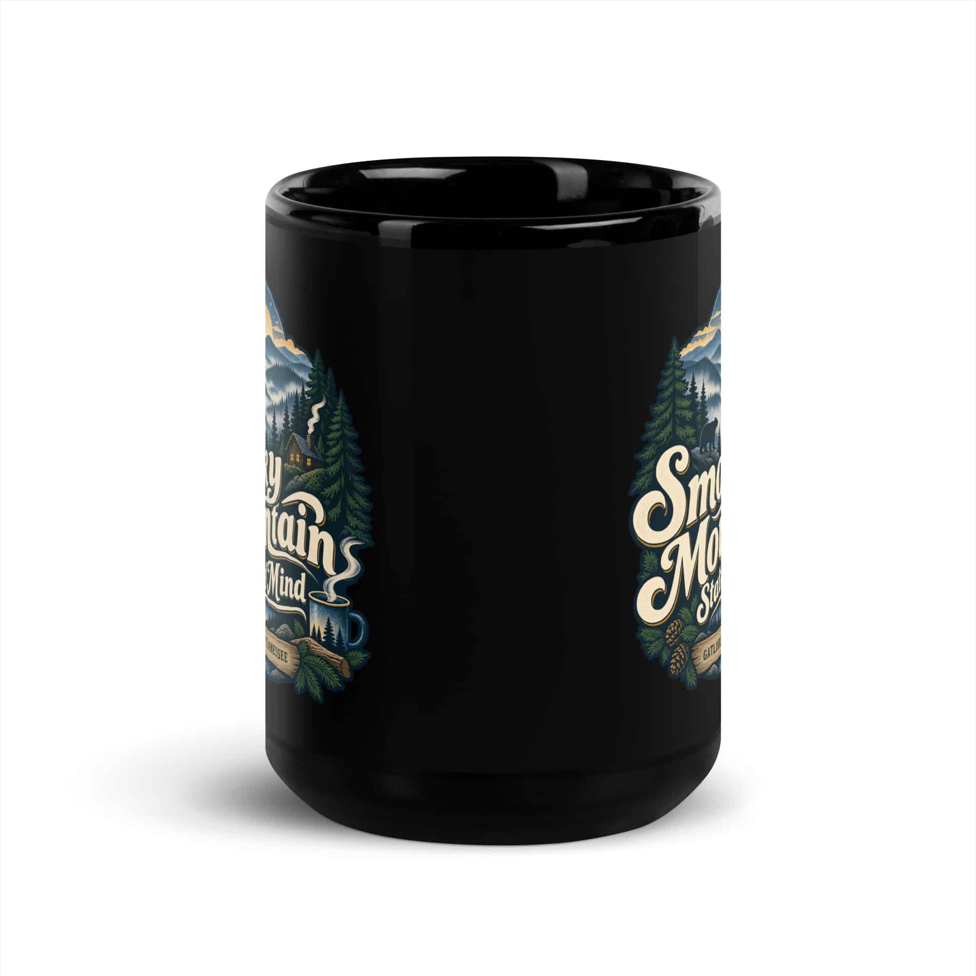 Gatlinburg and the Smokies Black Coffee Mug: Smoky Mountain State of Mind, Woodland Scenic Lettering
