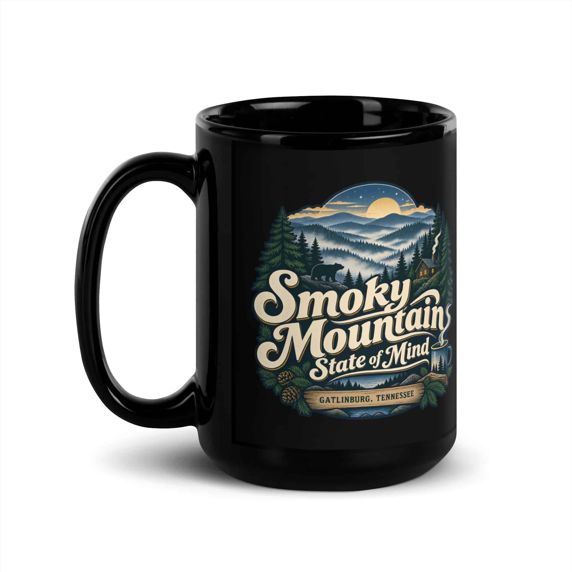 Gatlinburg and the Smokies Black Coffee Mug: Smoky Mountain State of Mind, Woodland Scenic Lettering