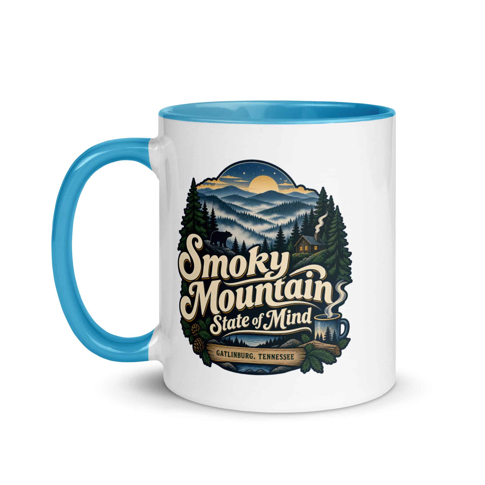 Gatlinburg and the Smokies Color Inside Coffee Mug: Smoky Mountain State of Mind, Woodland Scenic Lettering