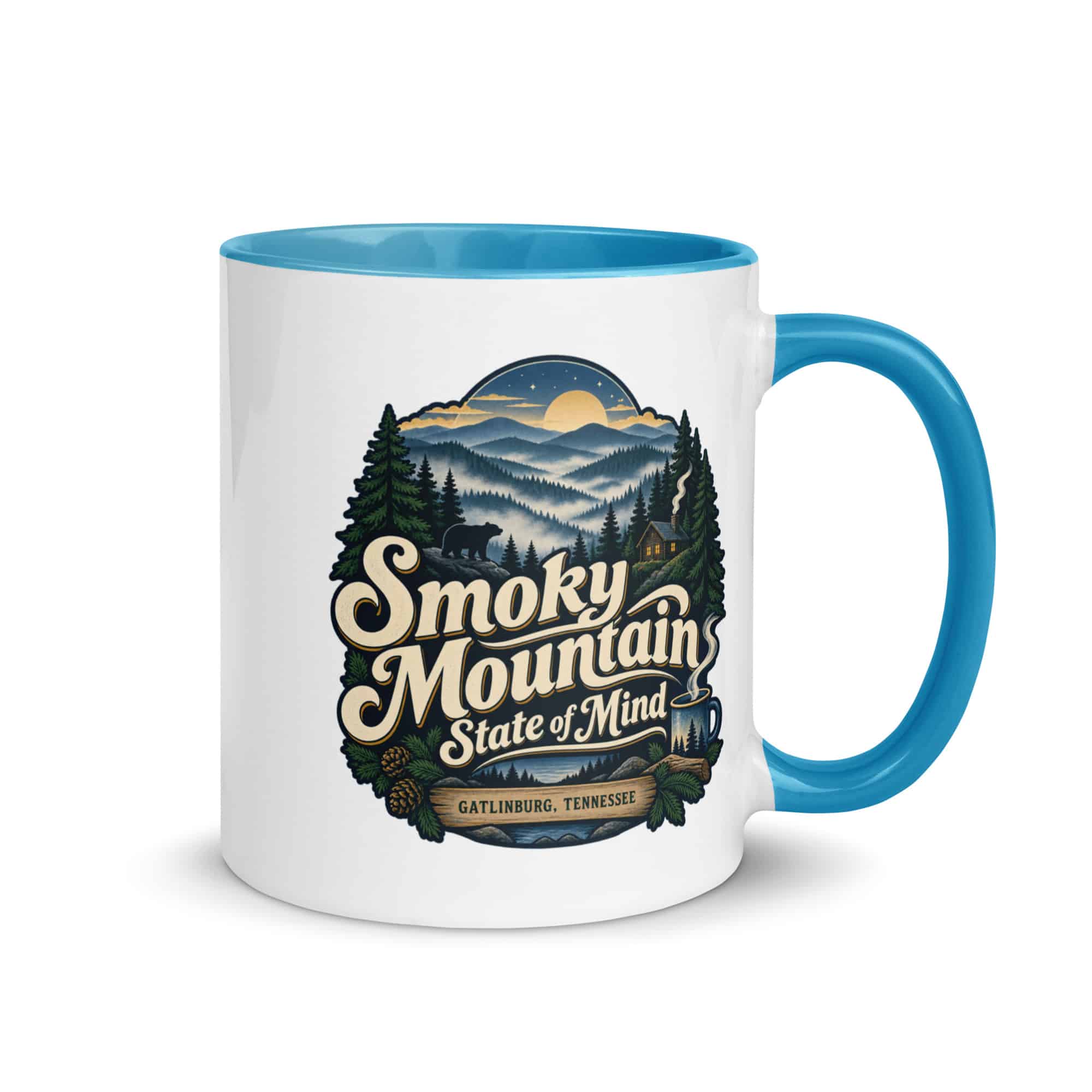 Gatlinburg and the Smokies Color Inside Coffee Mug: Smoky Mountain State of Mind, Woodland Scenic Lettering