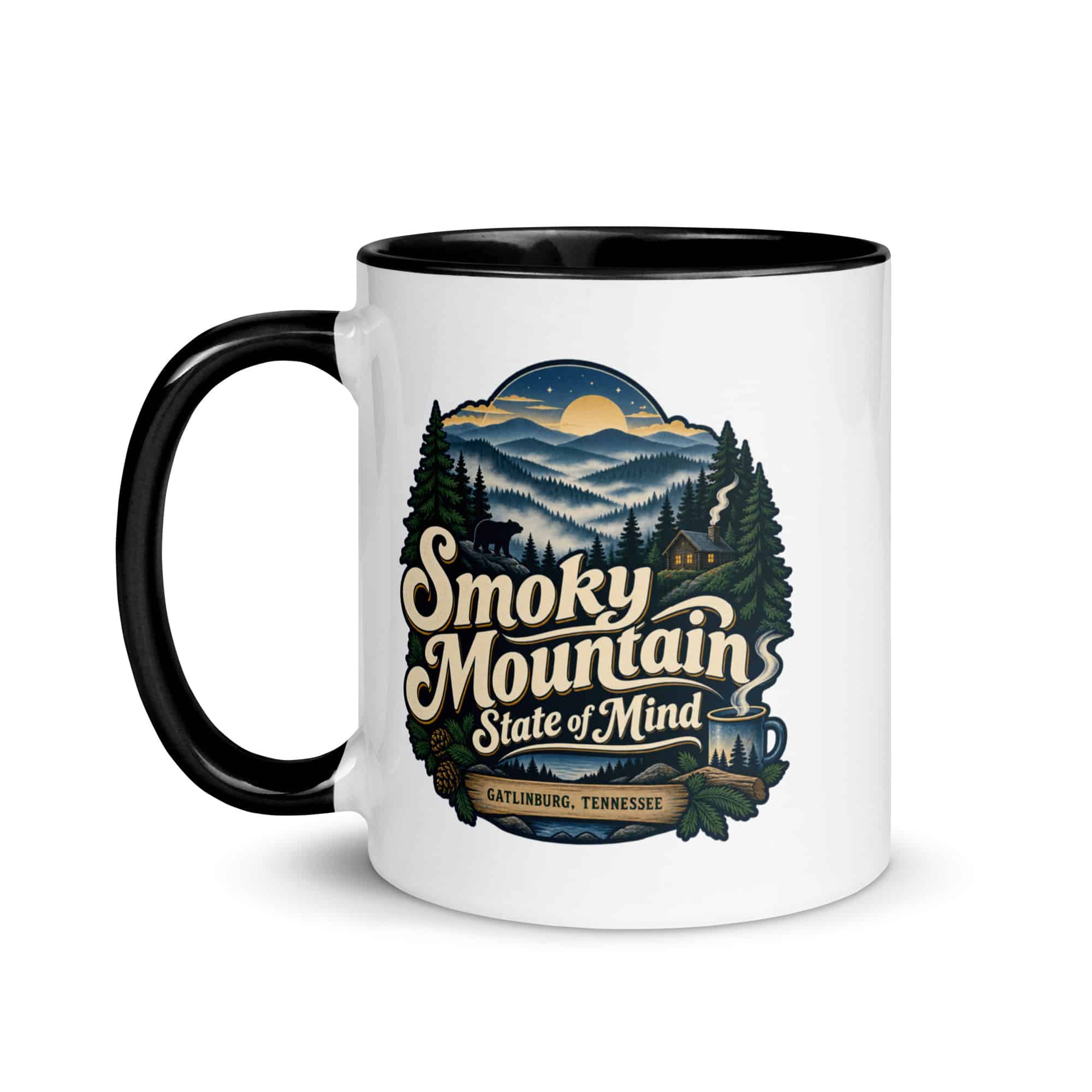 Gatlinburg and the Smokies Color Inside Coffee Mug: Smoky Mountain State of Mind, Woodland Scenic Lettering