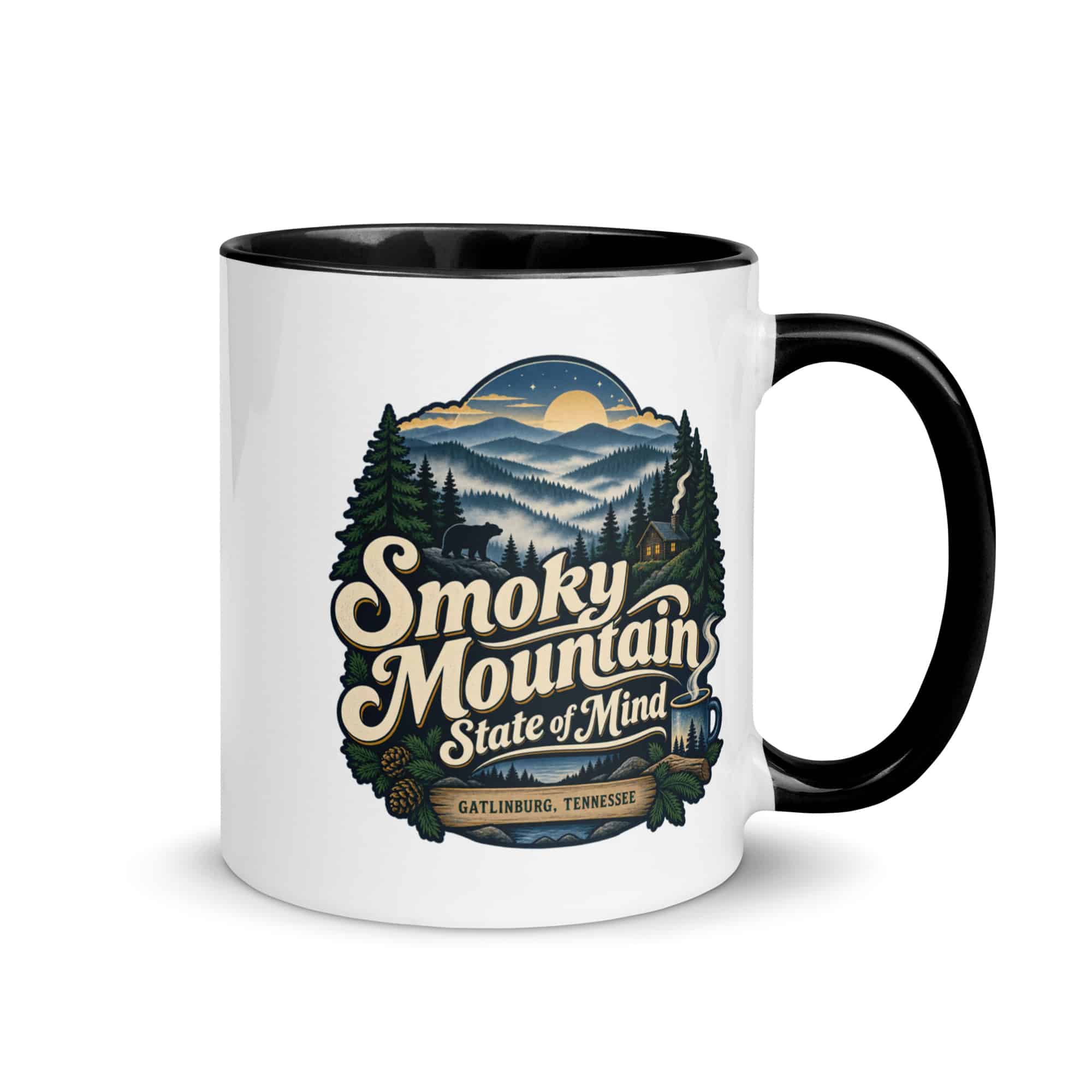 Gatlinburg and the Smokies Color Inside Coffee Mug: Smoky Mountain State of Mind, Woodland Scenic Lettering