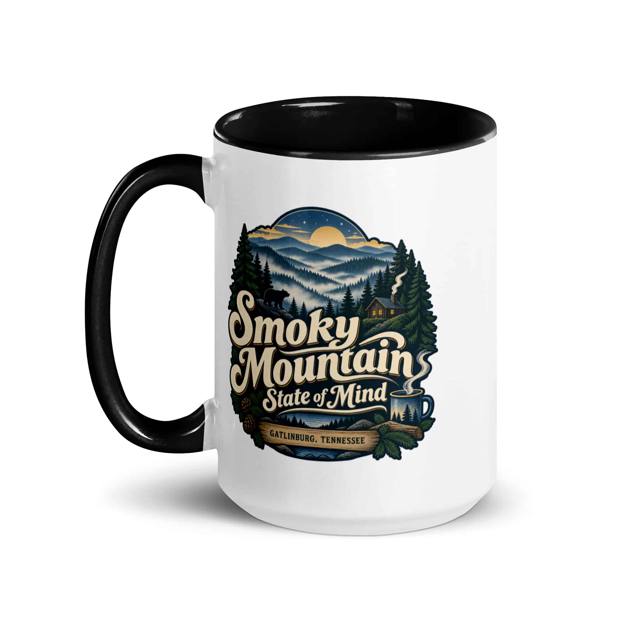Gatlinburg and the Smokies Color Inside Coffee Mug: Smoky Mountain State of Mind, Woodland Scenic Lettering