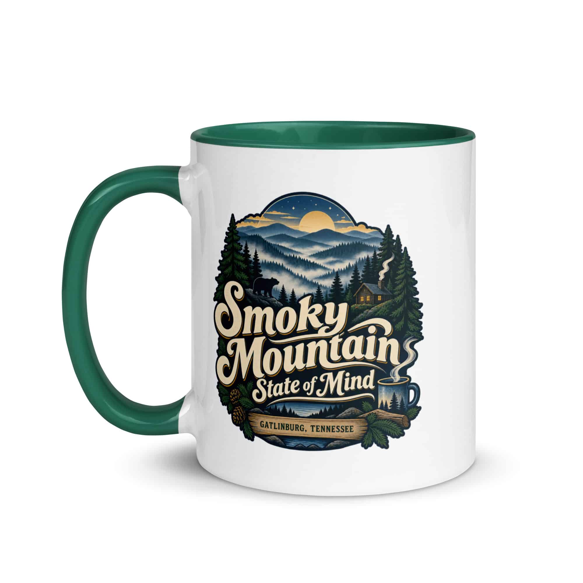Gatlinburg and the Smokies Color Inside Coffee Mug: Smoky Mountain State of Mind, Woodland Scenic Lettering