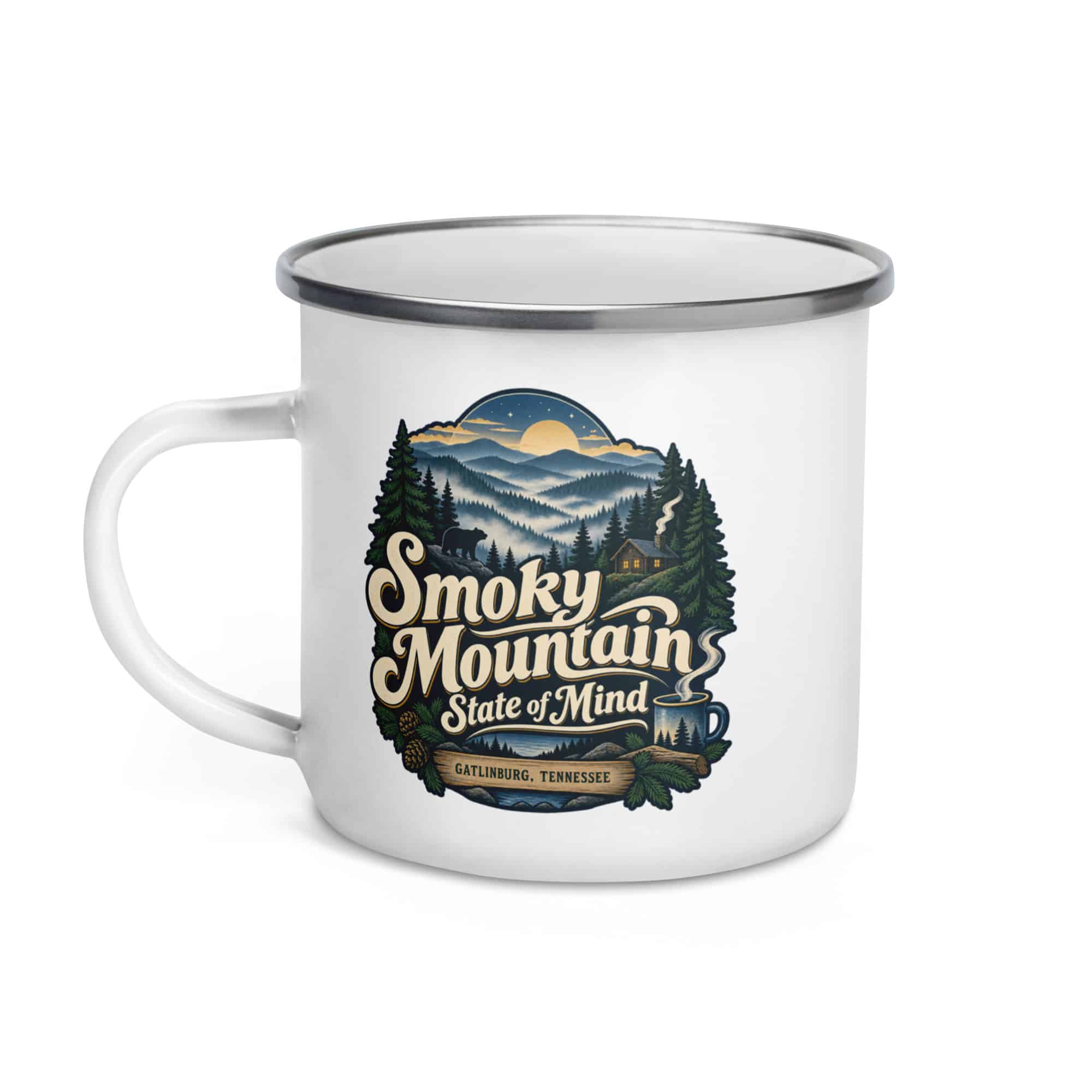 Gatlinburg and the Smokies Enamel Camp Mug: Smoky Mountain State of Mind, Woodland Scenic Lettering